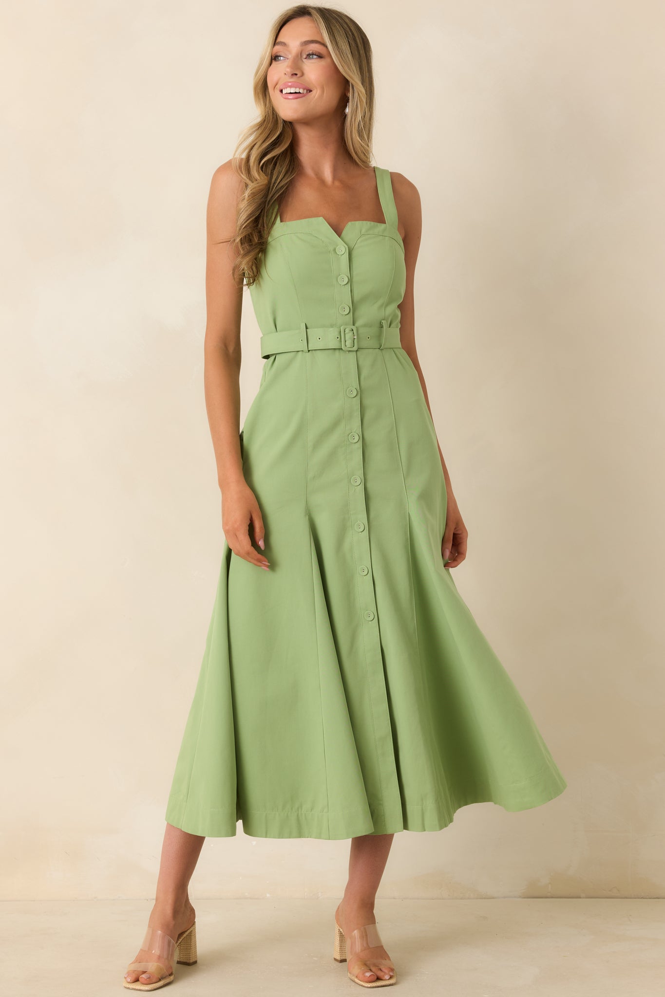ASTR The Label McKinley Green Cotton Blend Belted Midi Dress