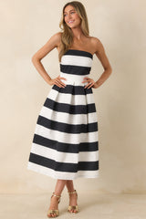 Crisp Contrast Black & White Stripe Strapless Midi Dress