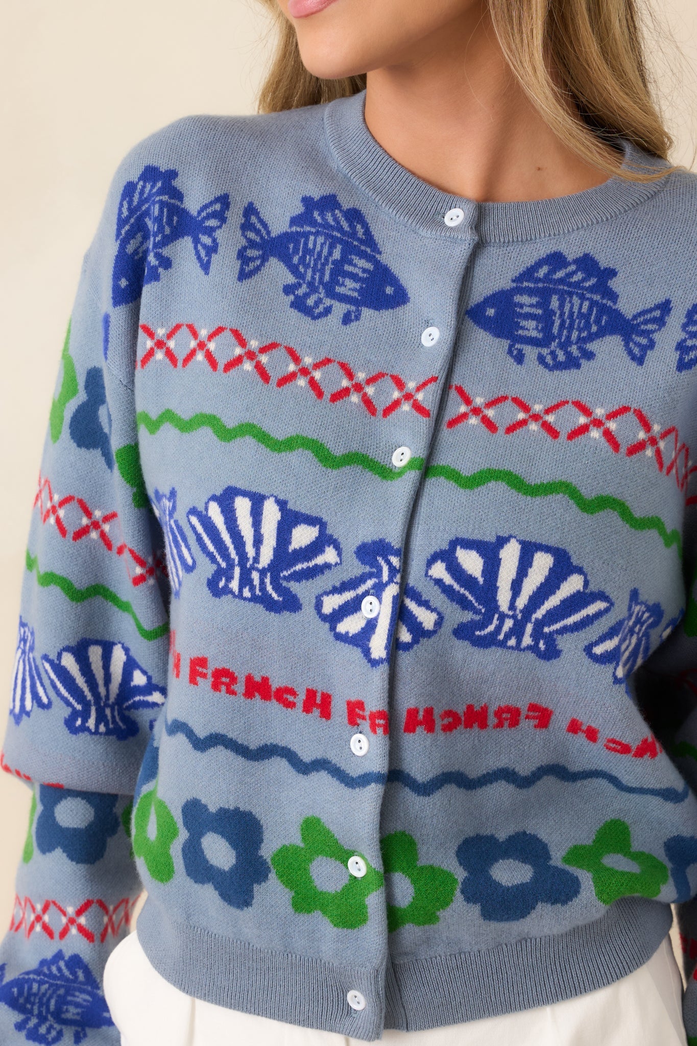 FRNCH Federica Dusty Blue Multi Jacquard Coastal Cardigan