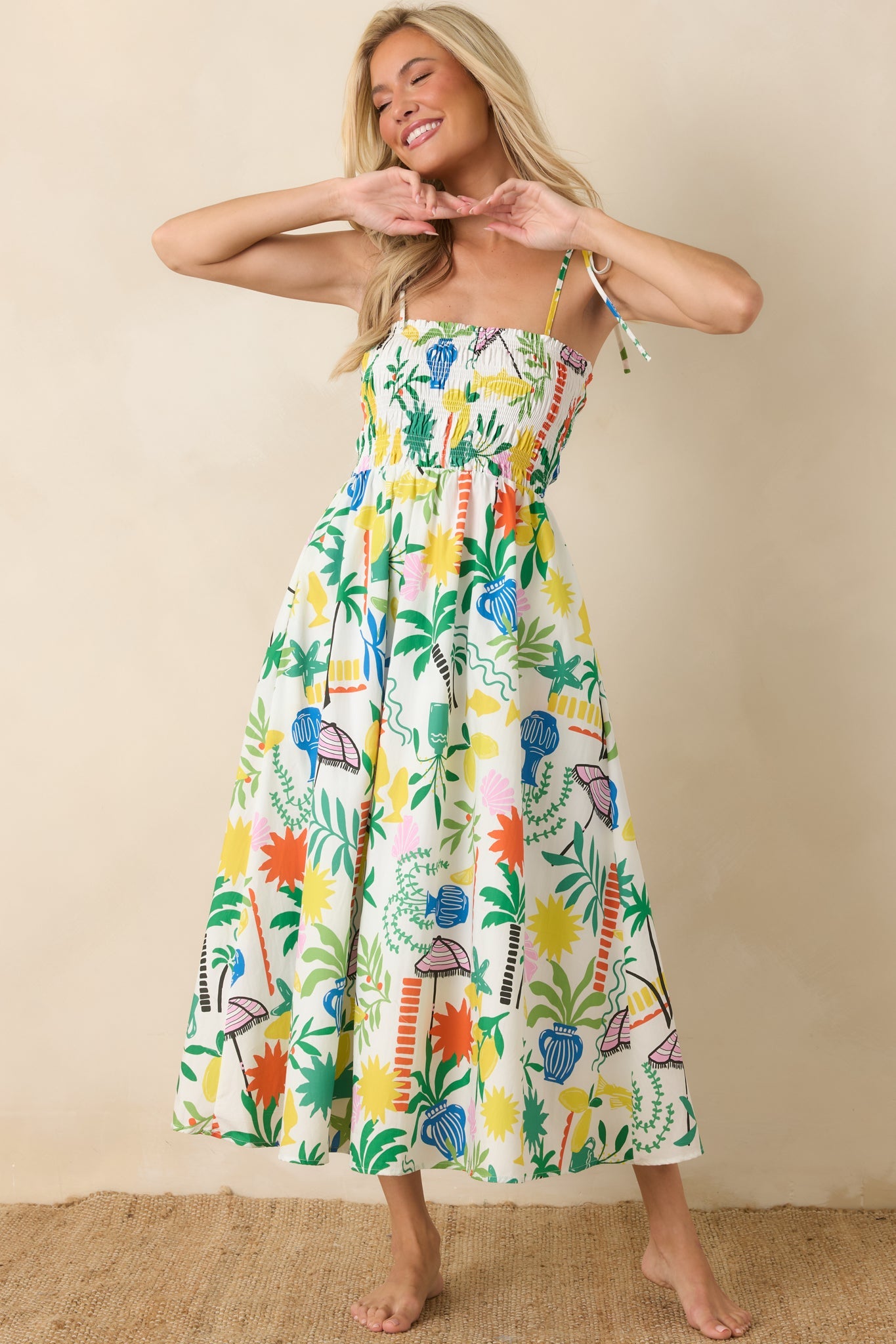 Paradisa Havana White Multi Cotton Coastal Resort Print Midi Dress