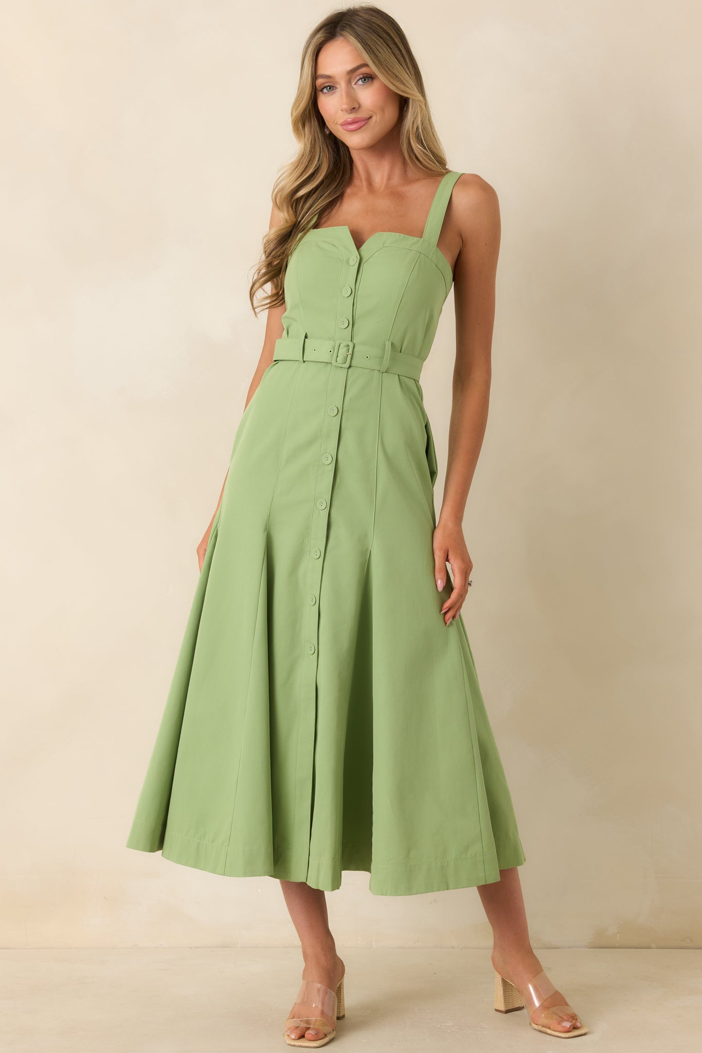 ASTR The Label McKinley Green Cotton Blend Belted Midi Dress