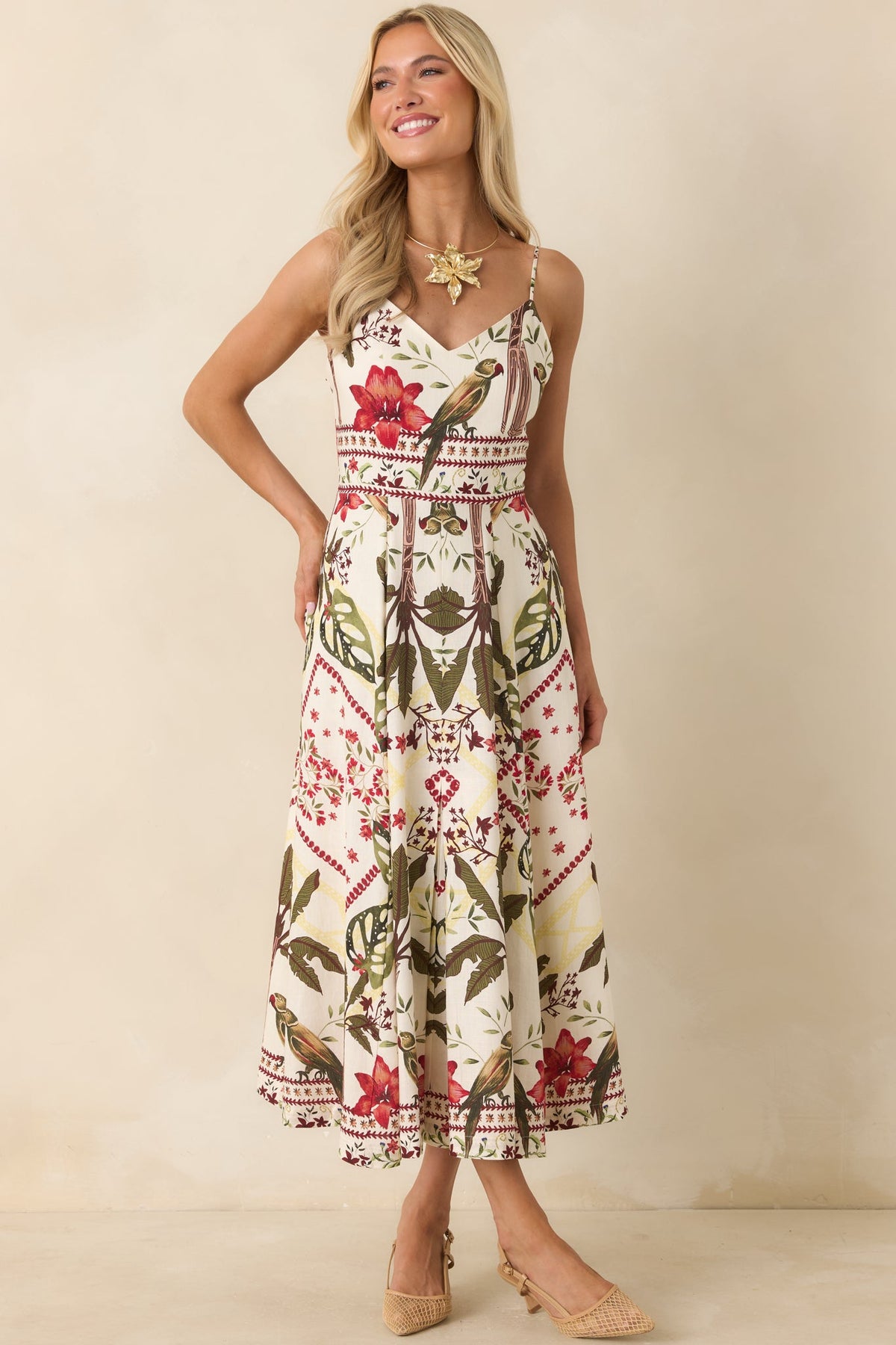 Aylaya Luna Deep Red & Moss Green Multi Tropical Print Maxi Dress