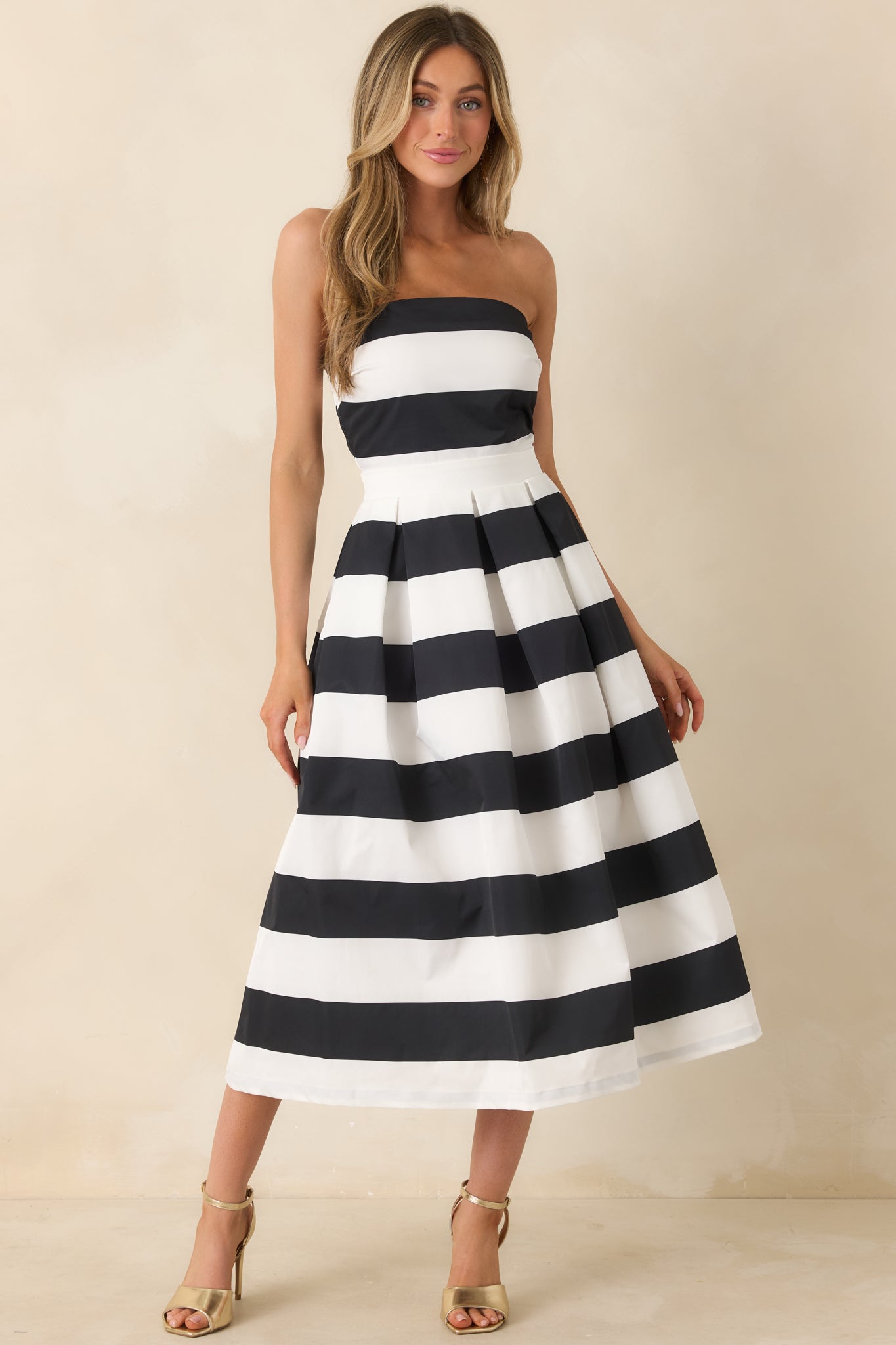 Crisp Contrast Black & White Stripe Strapless Midi Dress