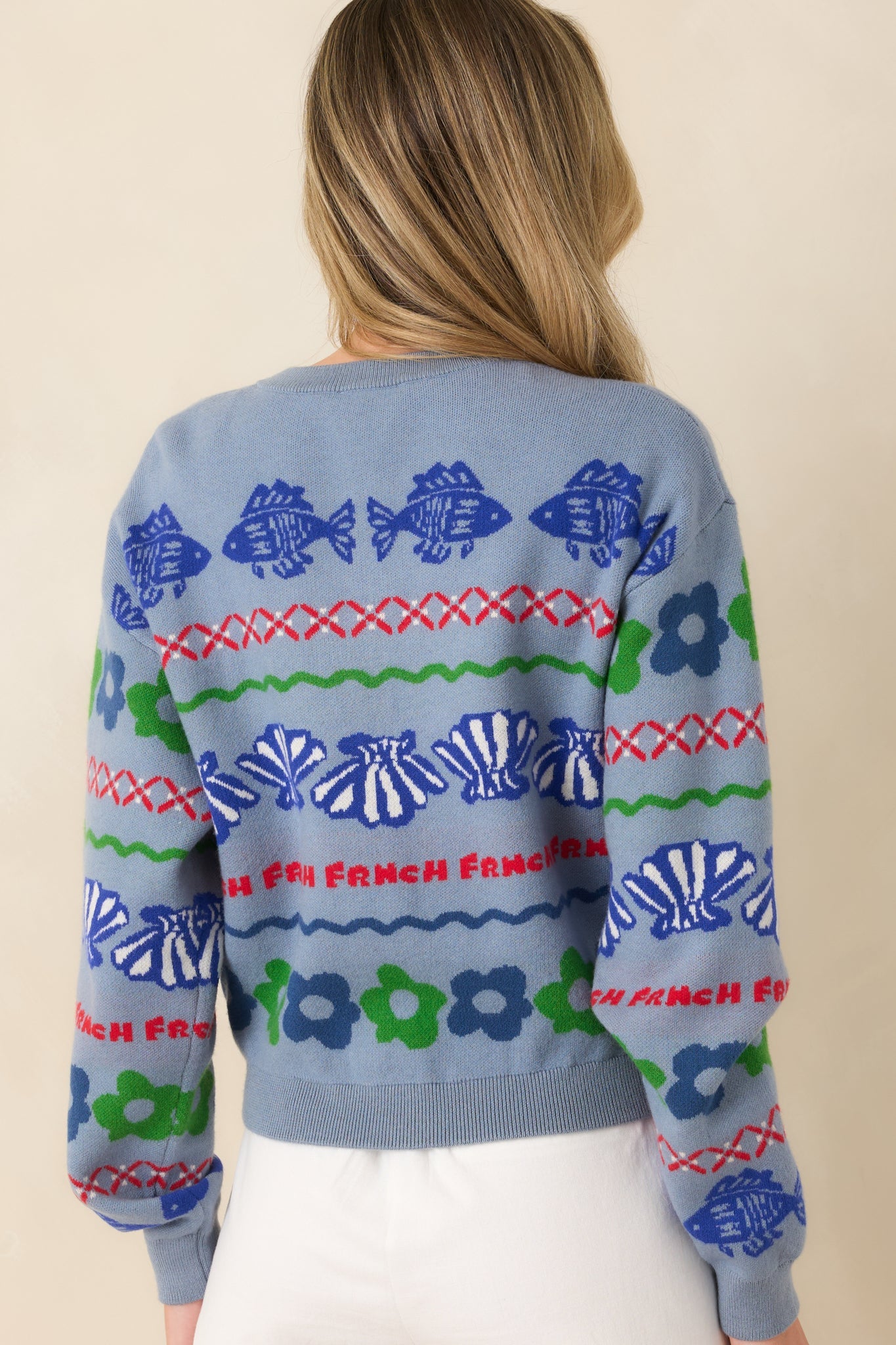 FRNCH Federica Dusty Blue Multi Jacquard Coastal Cardigan