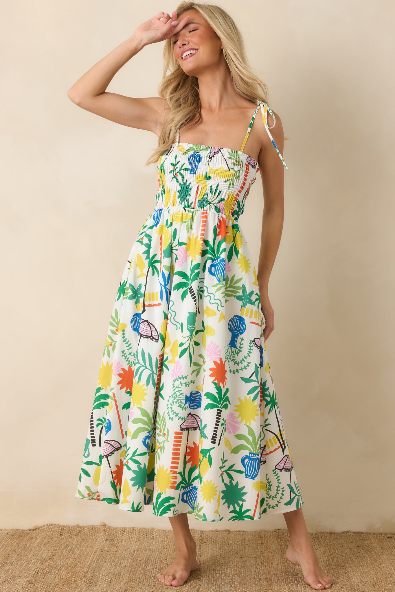 Paradisa Havana White Multi Cotton Coastal Resort Print Midi Dress