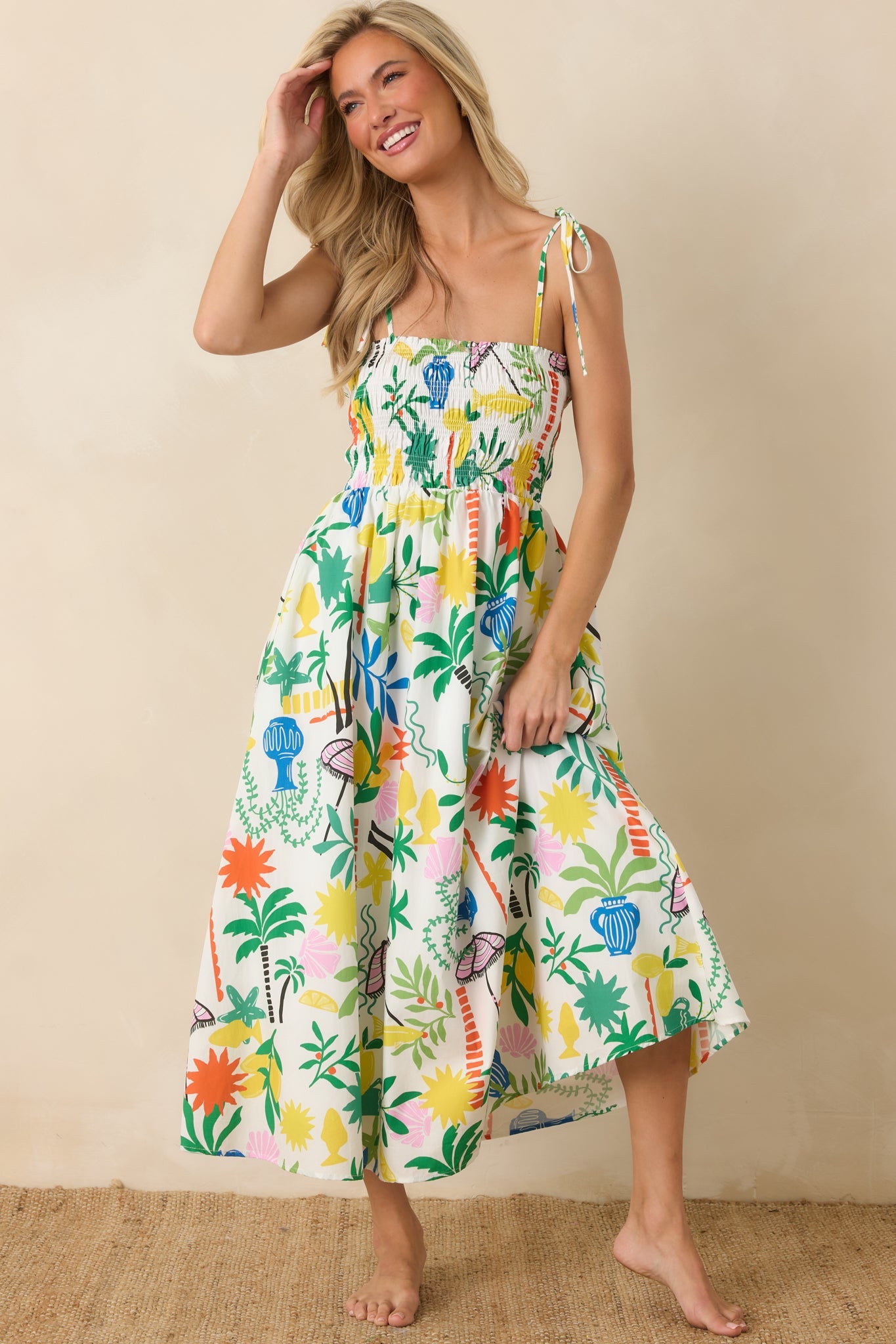 Paradisa Havana White Multi Cotton Coastal Resort Print Midi Dress