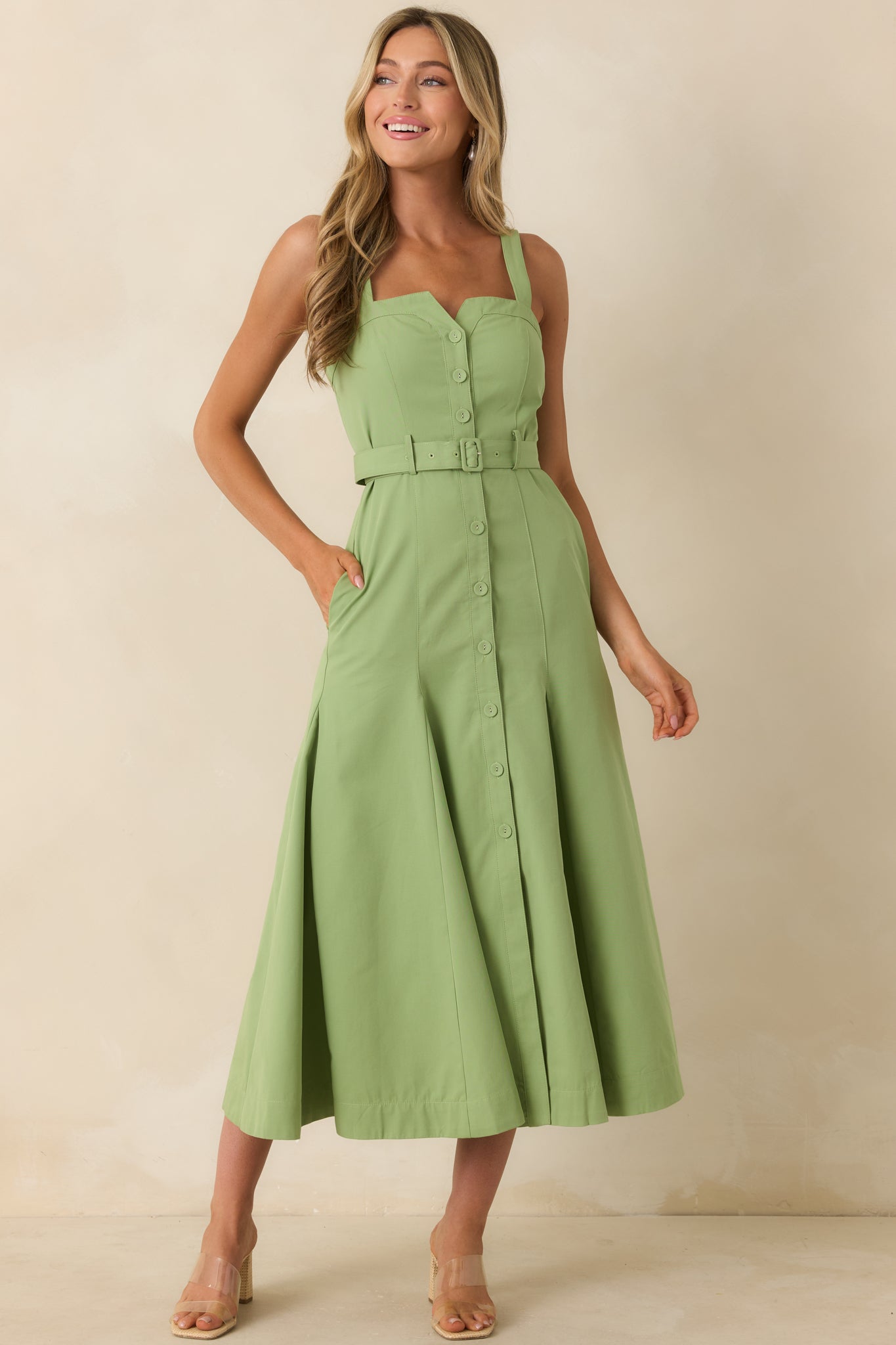ASTR The Label McKinley Green Cotton Blend Belted Midi Dress