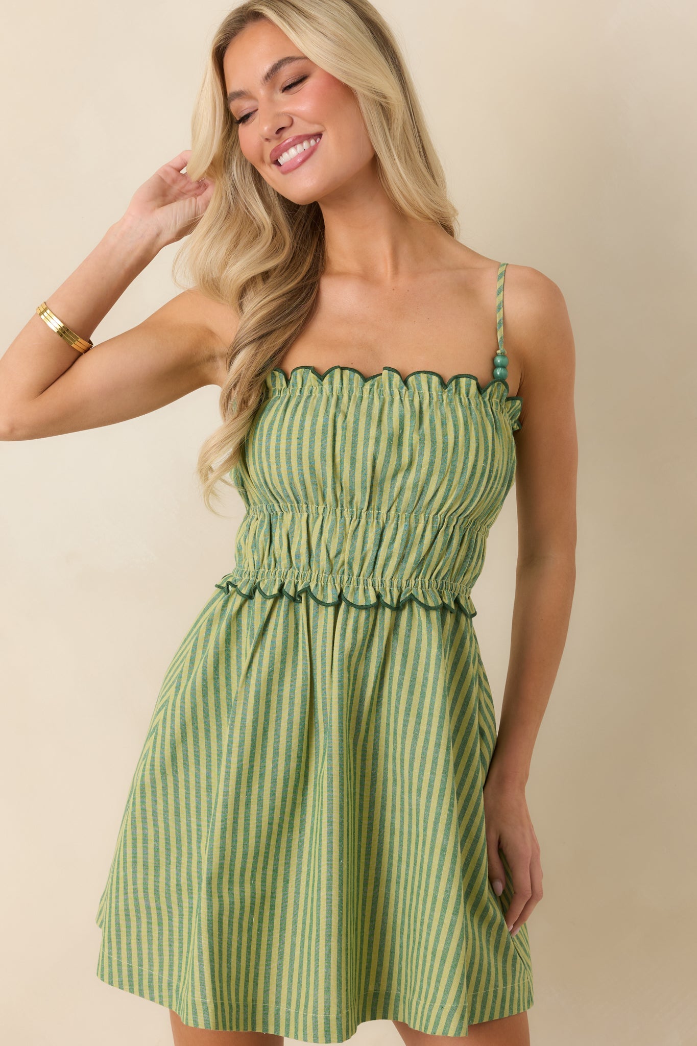 MINKPINK Capri Green Stripe Linen Blend Scallop Mini Dress