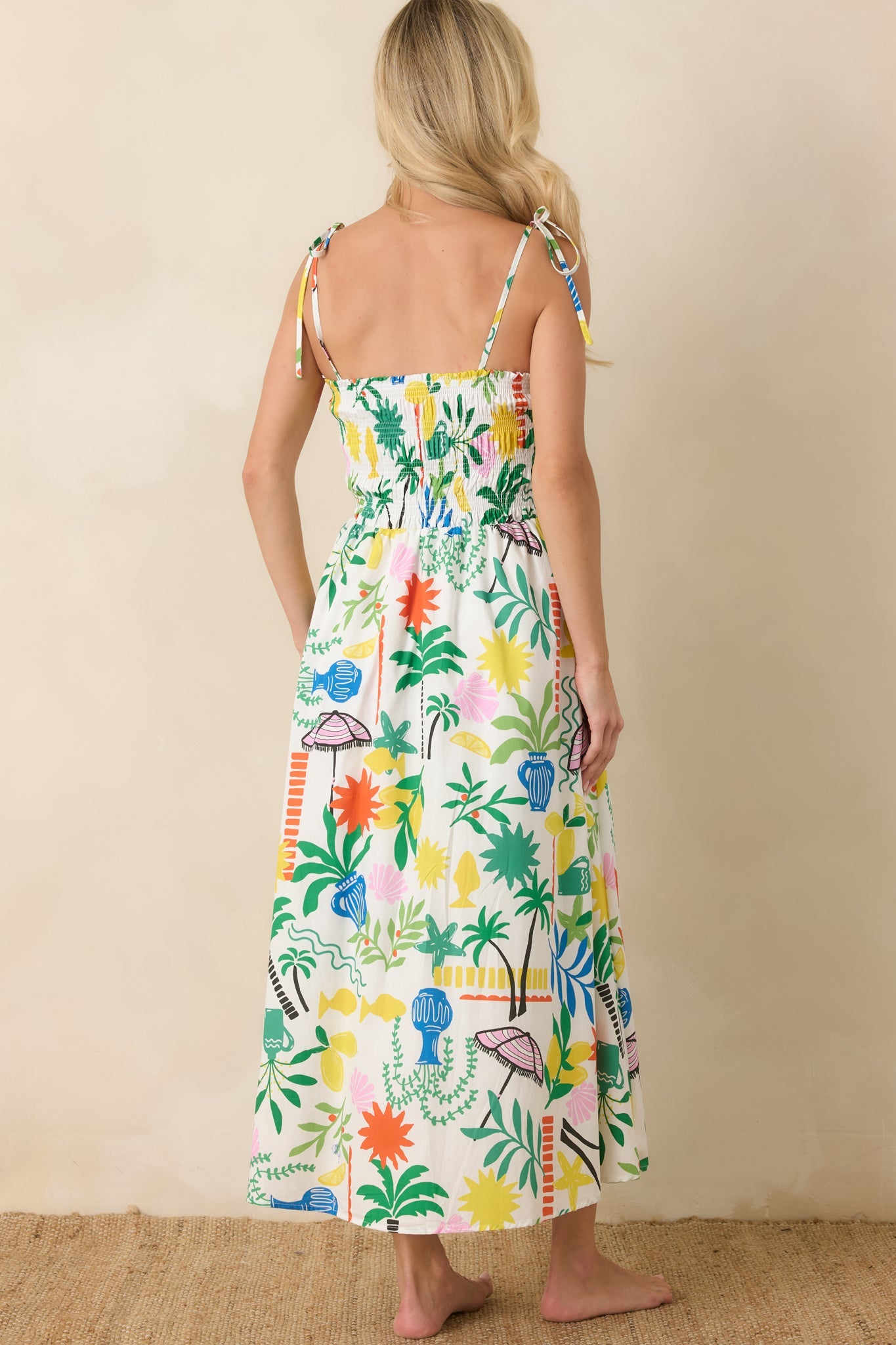 Paradisa Havana White Multi Cotton Coastal Resort Print Midi Dress