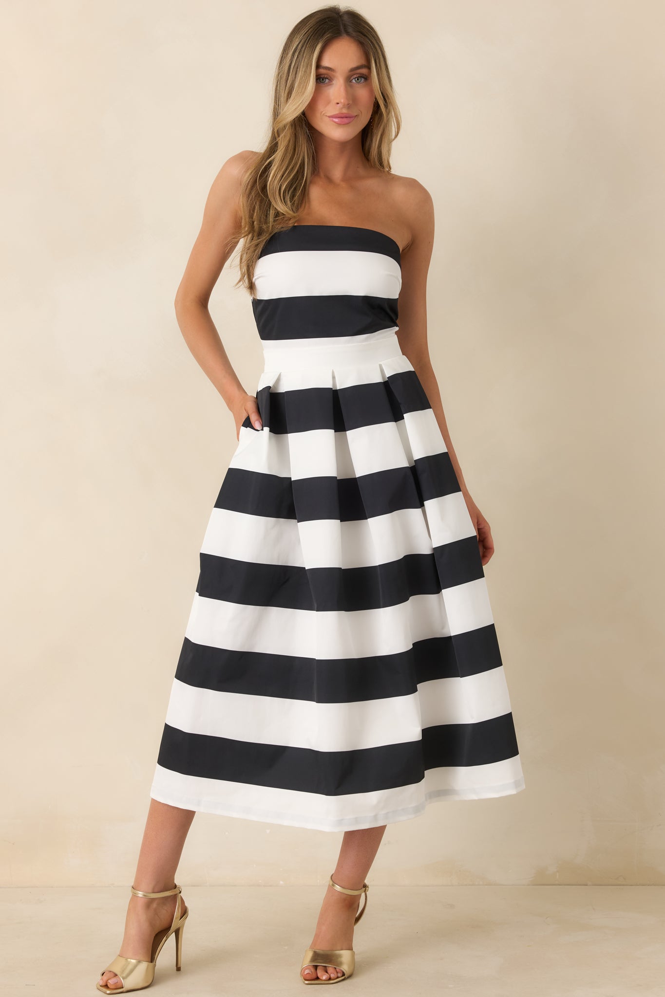 Crisp Contrast Black & White Stripe Strapless Midi Dress