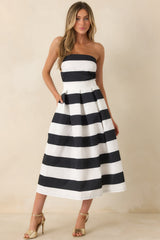 Crisp Contrast Black & White Stripe Strapless Midi Dress