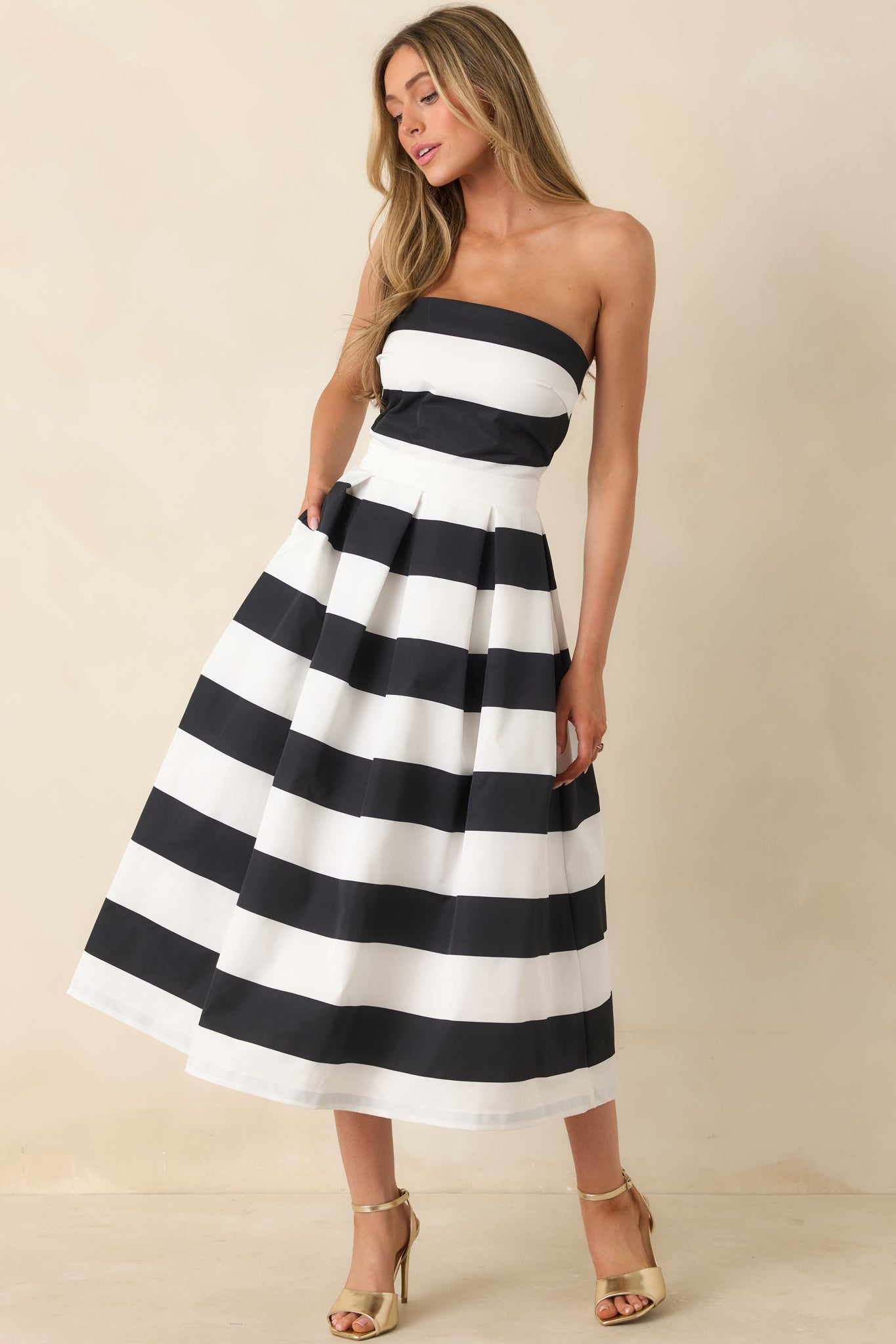 Crisp Contrast Black & White Stripe Strapless Midi Dress