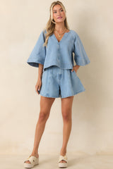 FRNCH Citrine Light Wash Textured Cotton Denim Top