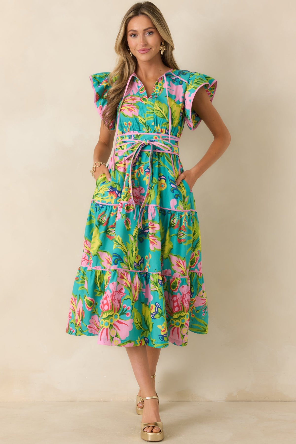 Prosperina Leighton Jade Multi Tropical Floral Cotton Midi Dress