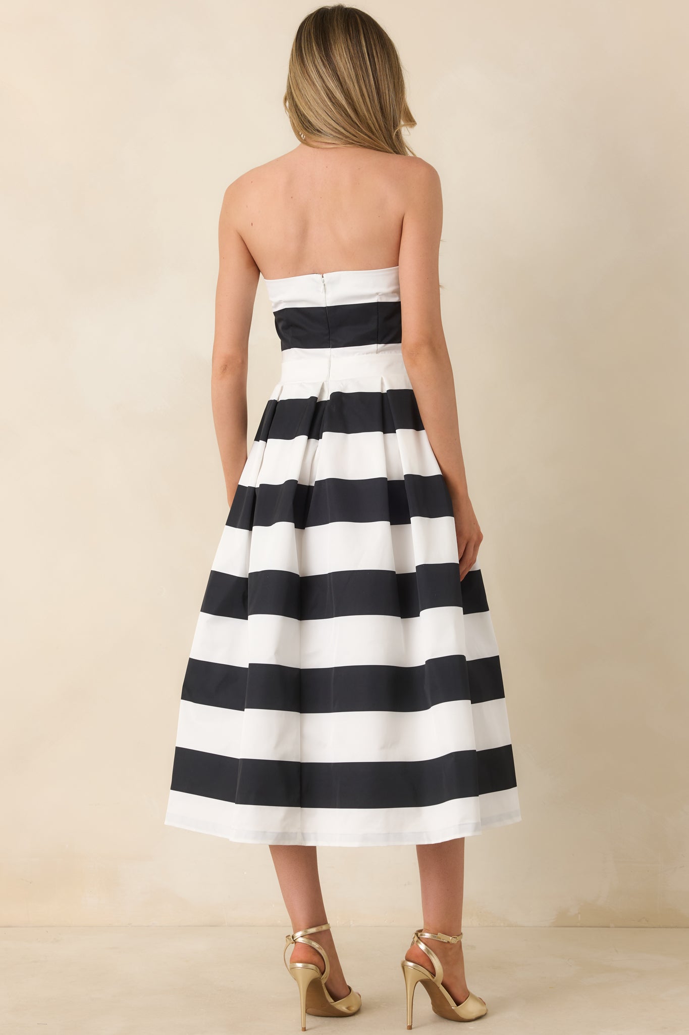 Crisp Contrast Black & White Stripe Strapless Midi Dress