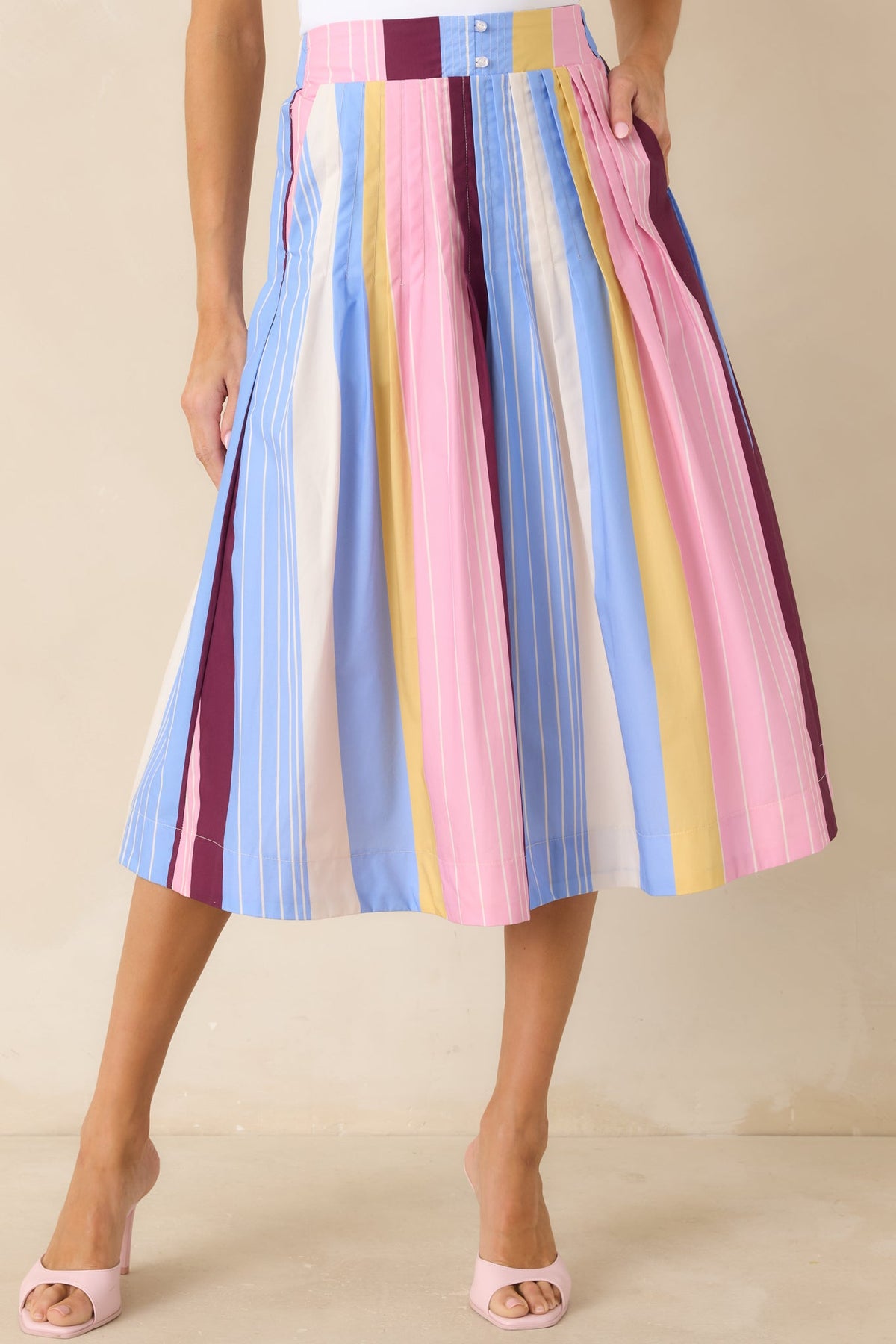 You Noticed Multi Stripe Cotton Pleated Midi Skirt