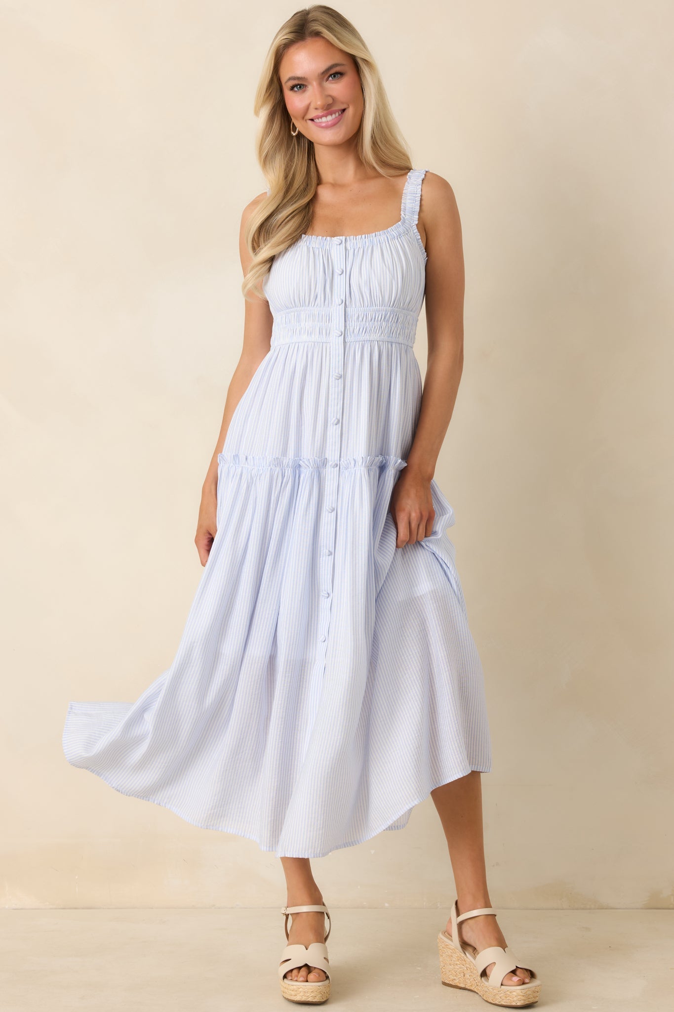 Keep You 'Til the End Light Blue Pinstripe Smocked Waist Midi Dress