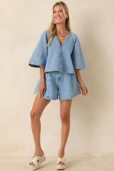 FRNCH Citrine Light Wash Textured Cotton Denim Top