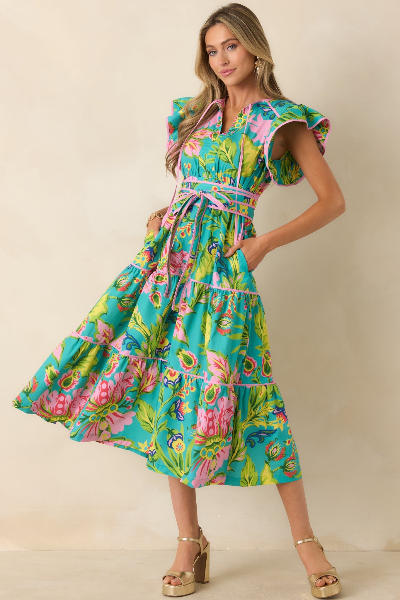 Prosperina Leighton Jade Multi Tropical Floral Cotton Midi Dress