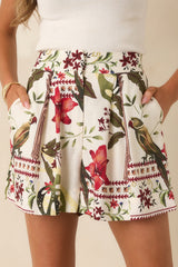 Aylaya Andrea Deep Red & Moss Green Multi Tropical Print Shorts