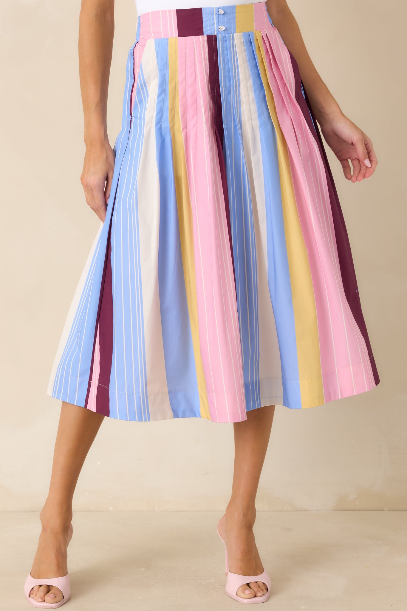You Noticed Multi Stripe Cotton Pleated Midi Skirt