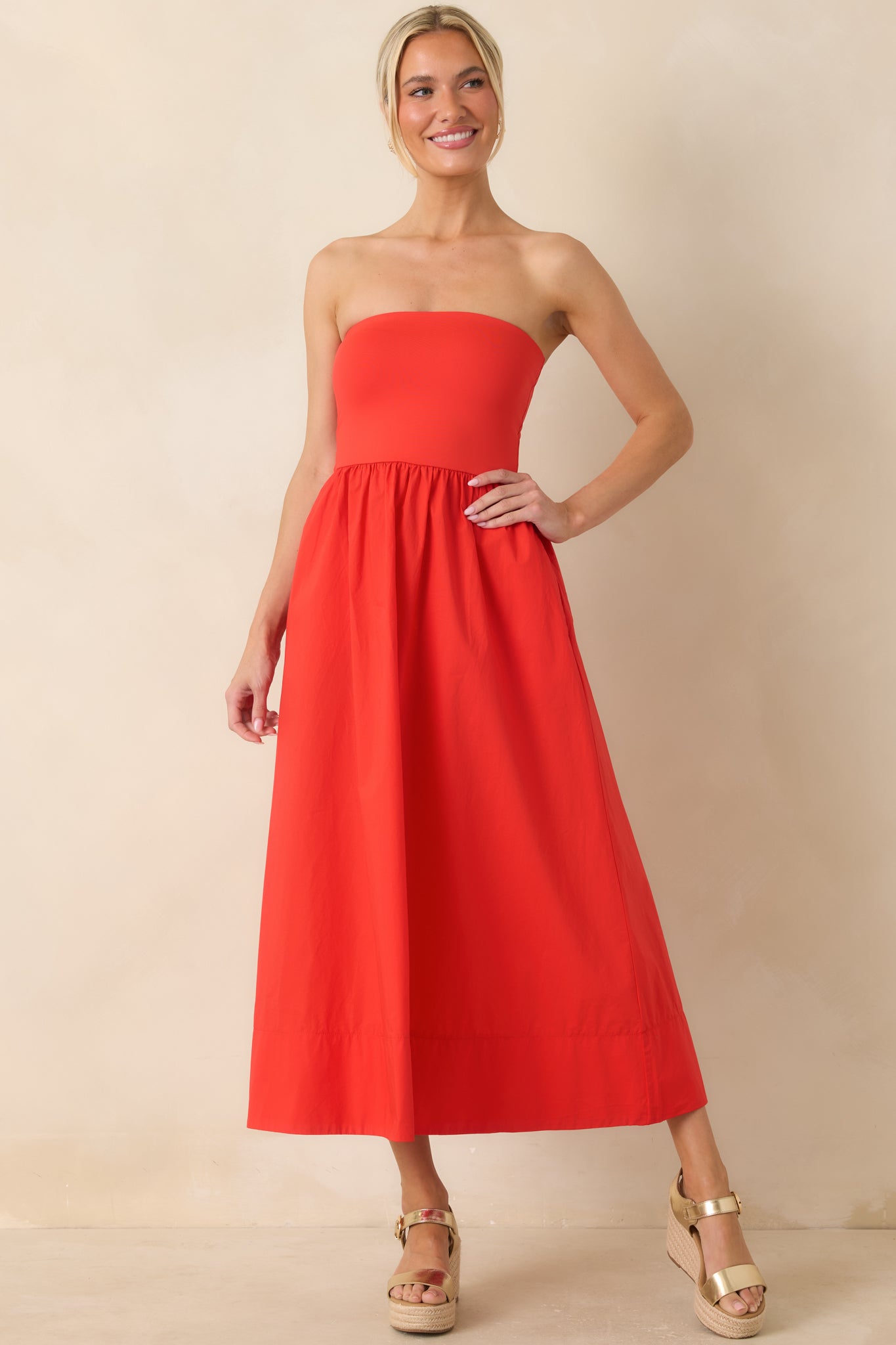 Z Supply Sunsought Poppy Red Strapless Midi Dress