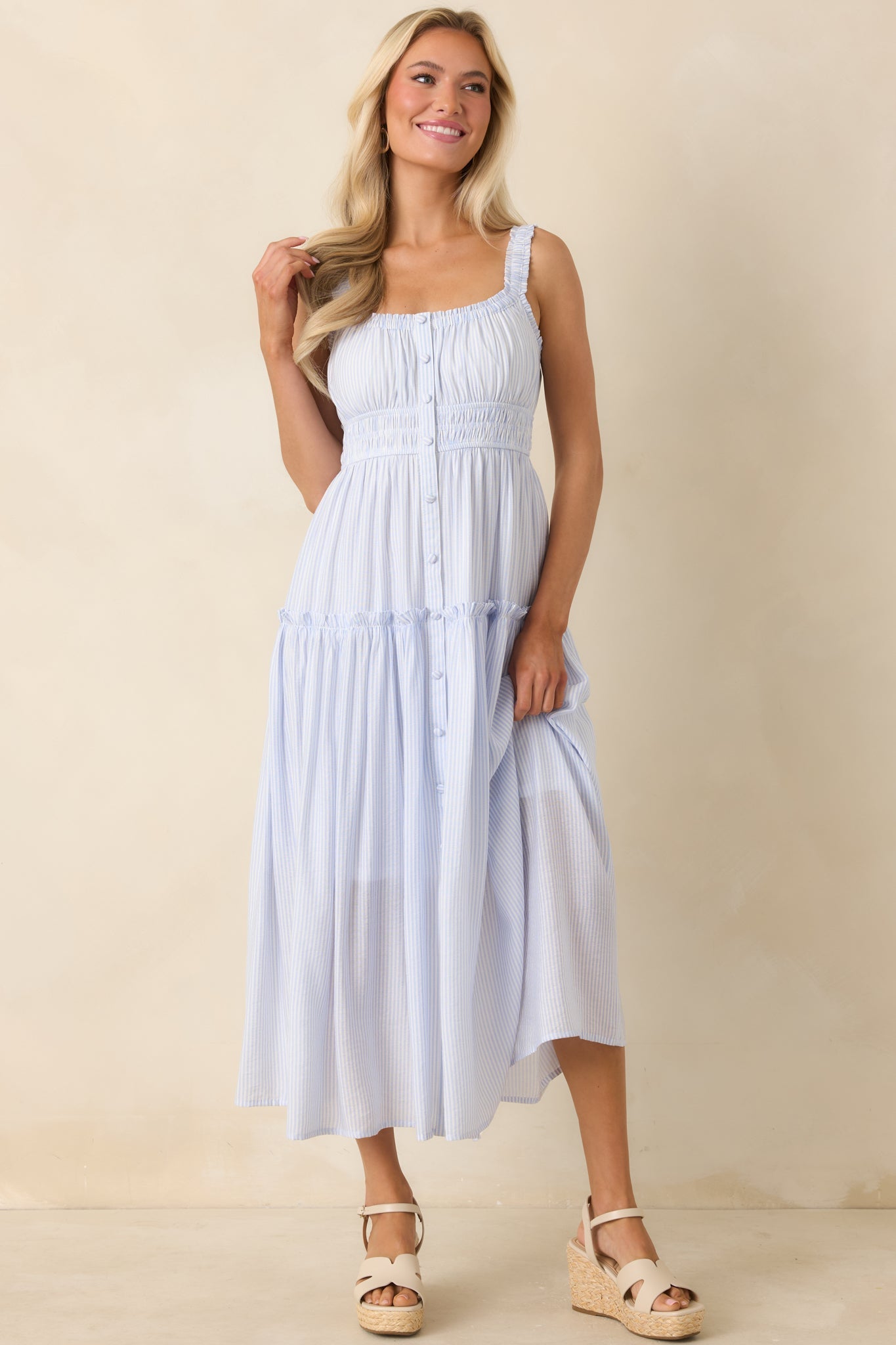 Keep You 'Til the End Light Blue Pinstripe Smocked Waist Midi Dress