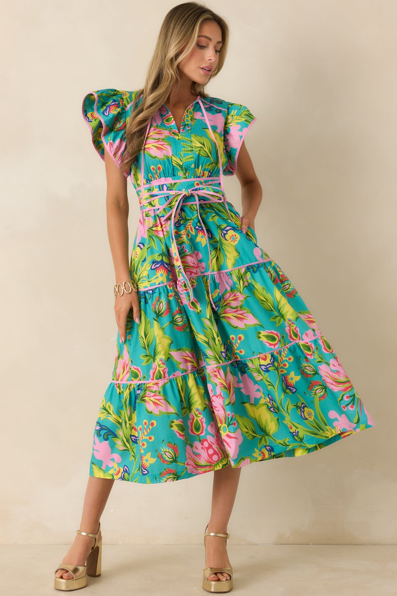 Prosperina Leighton Jade Multi Tropical Floral Cotton Midi Dress