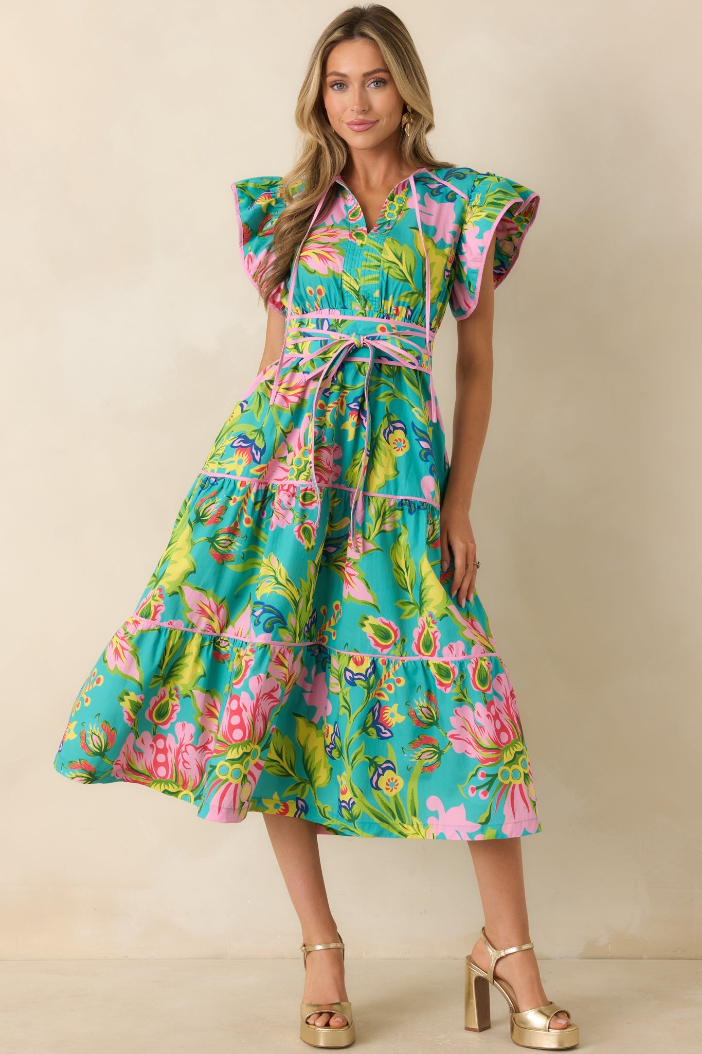Prosperina Leighton Jade Multi Tropical Floral Cotton Midi Dress