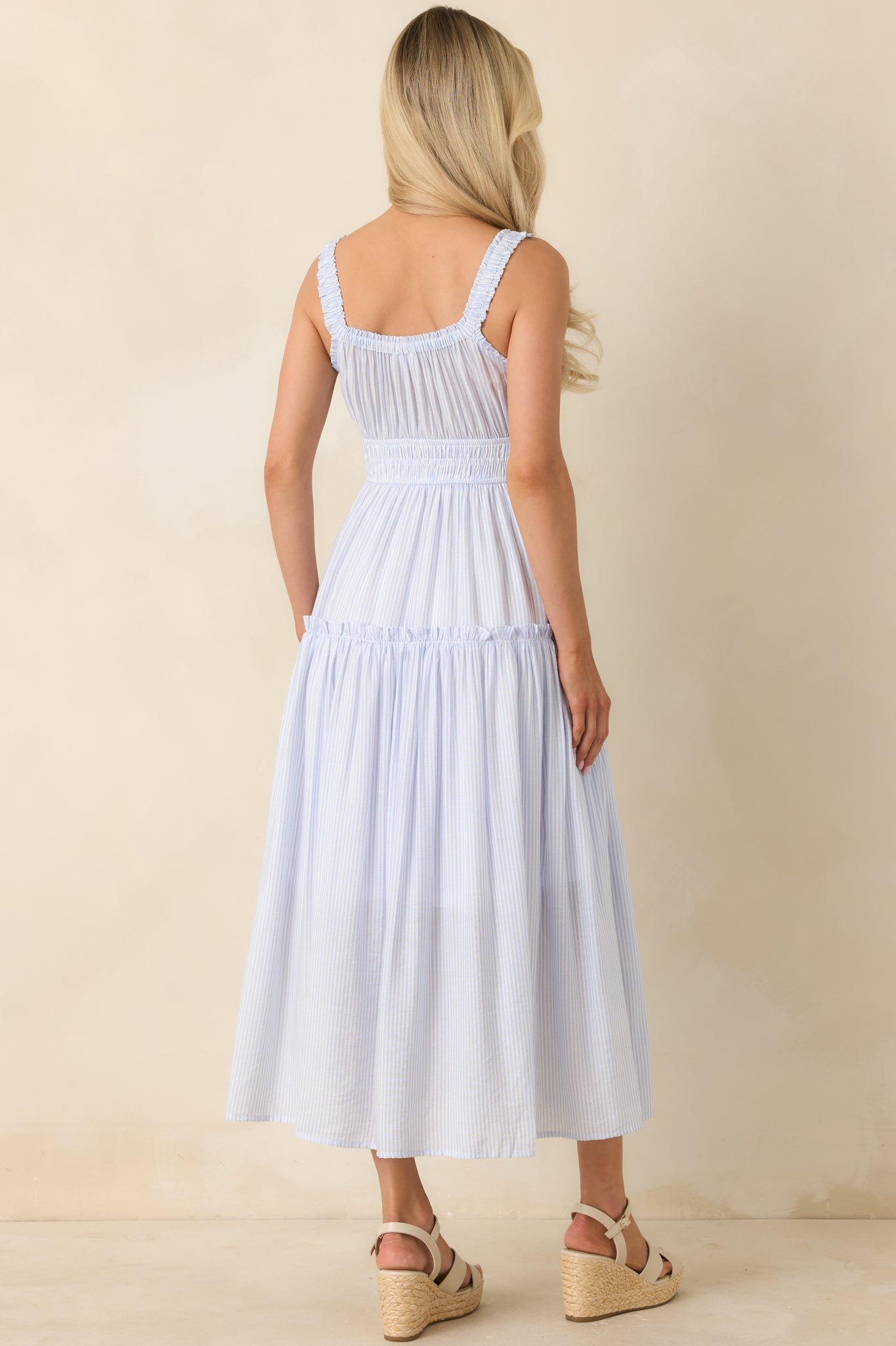 Keep You 'Til the End Light Blue Pinstripe Smocked Waist Midi Dress