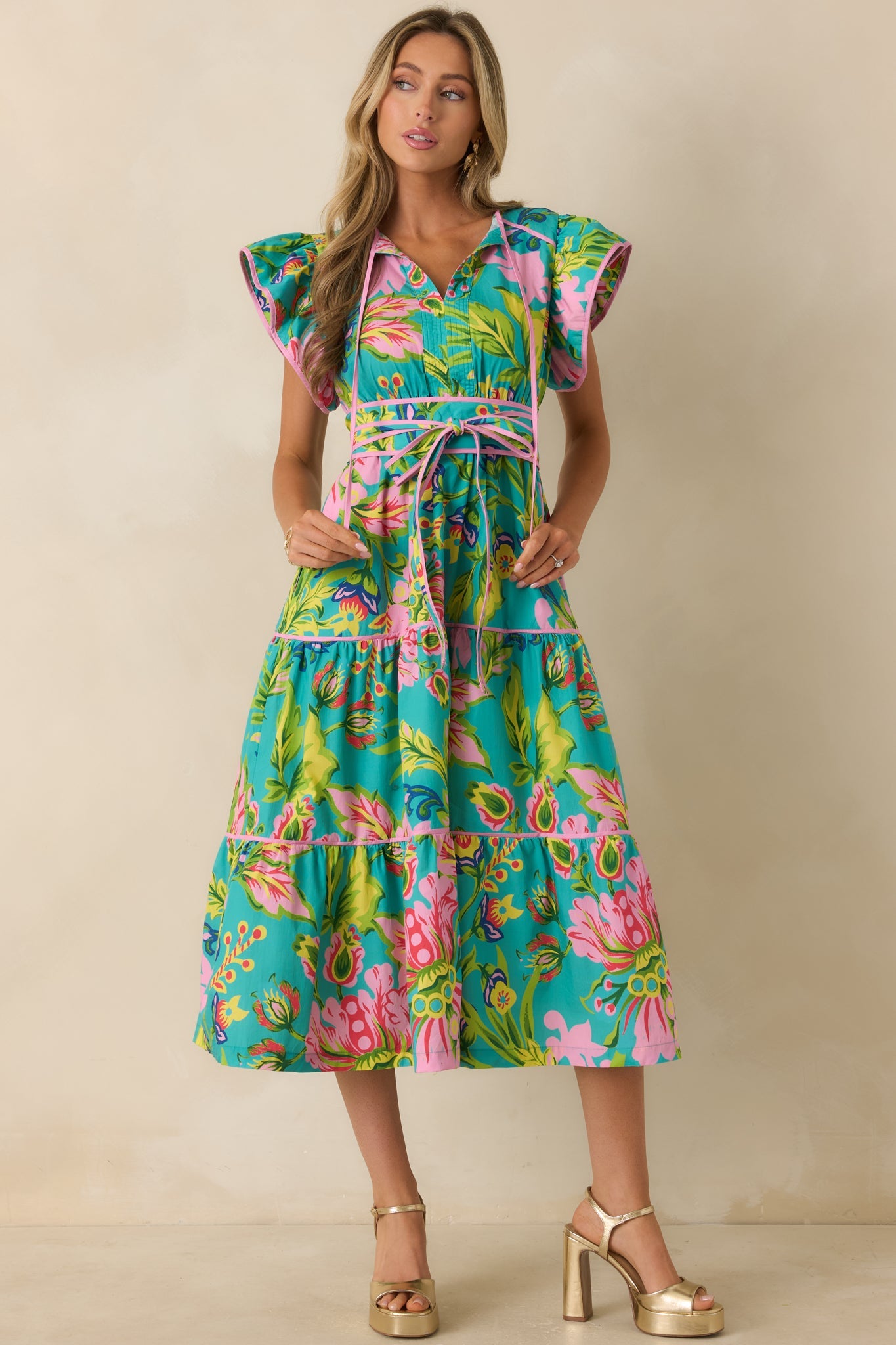 Prosperina Leighton Jade Multi Tropical Floral Cotton Midi Dress