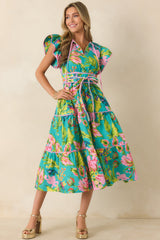 Prosperina Leighton Jade Multi Tropical Floral Cotton Midi Dress