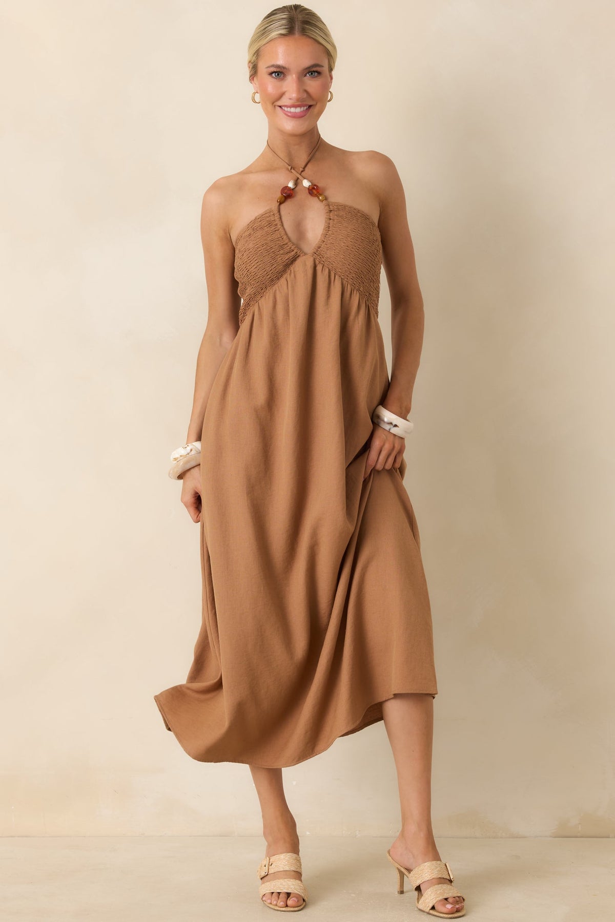 Life is But a Dream Chestnut Brown Beaded Halter Midi Dress