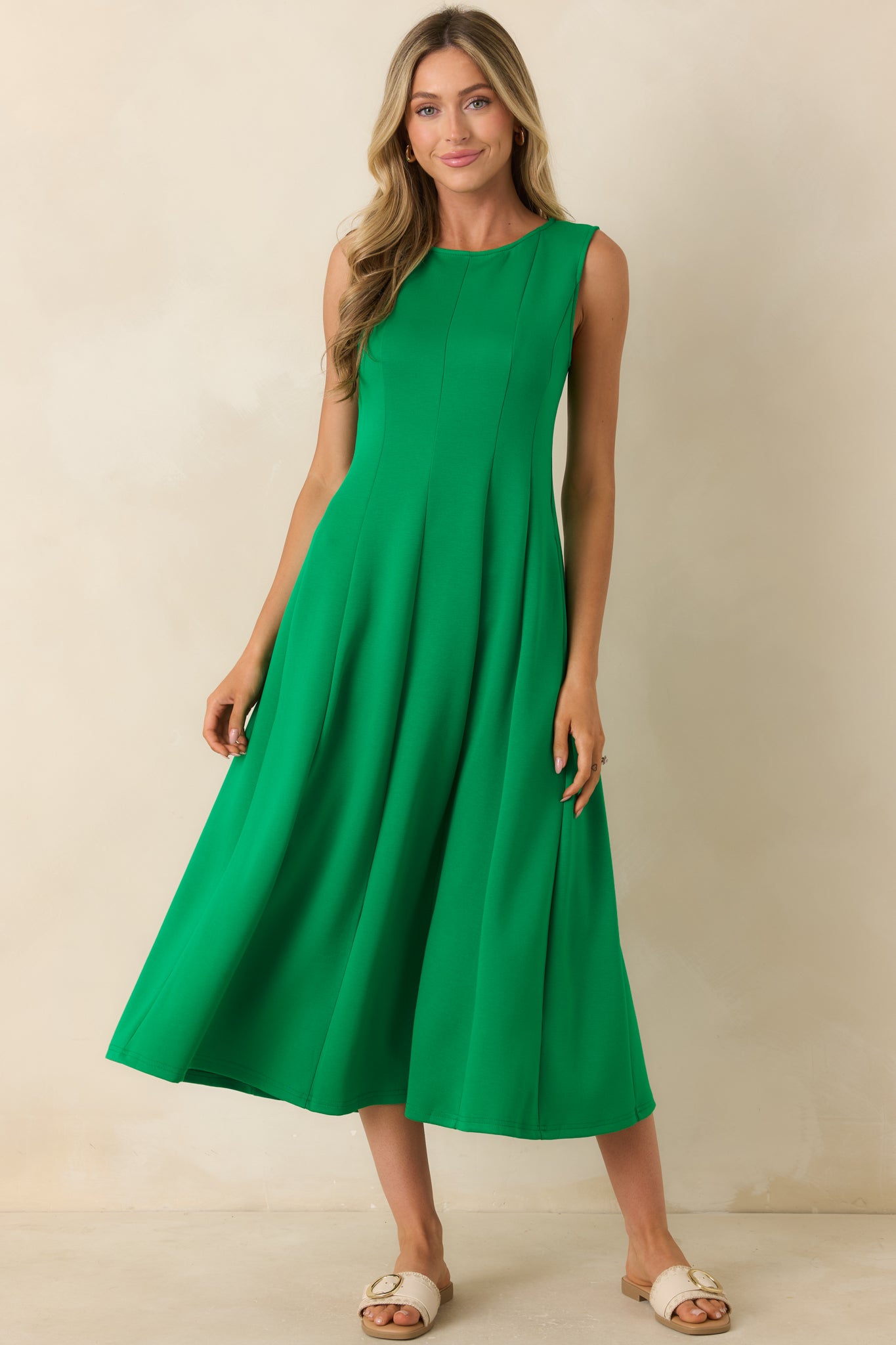 Soft Landing Green Paneled Sleeveless Midi Dress