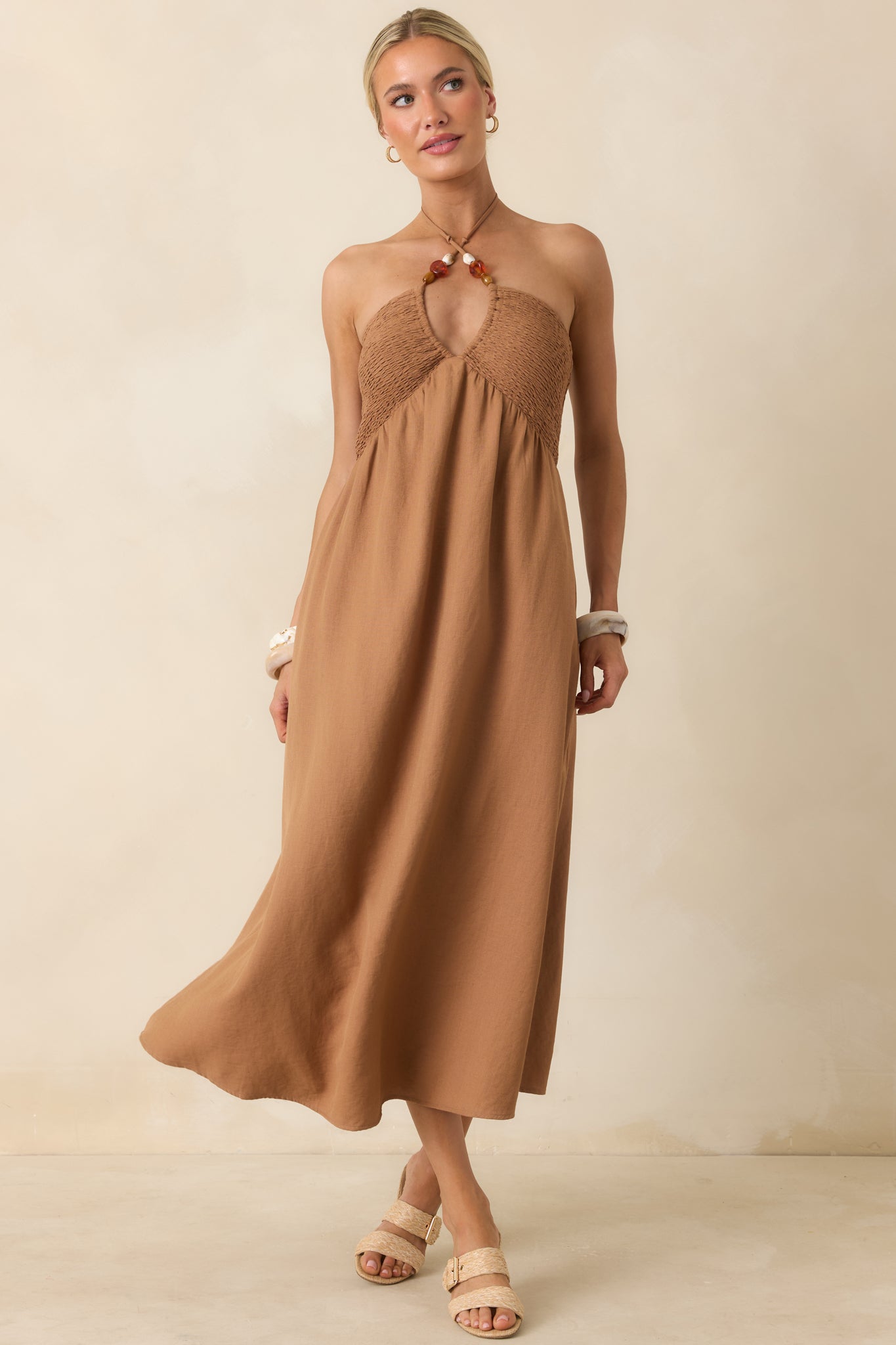 Life is But a Dream Chestnut Brown Beaded Halter Midi Dress