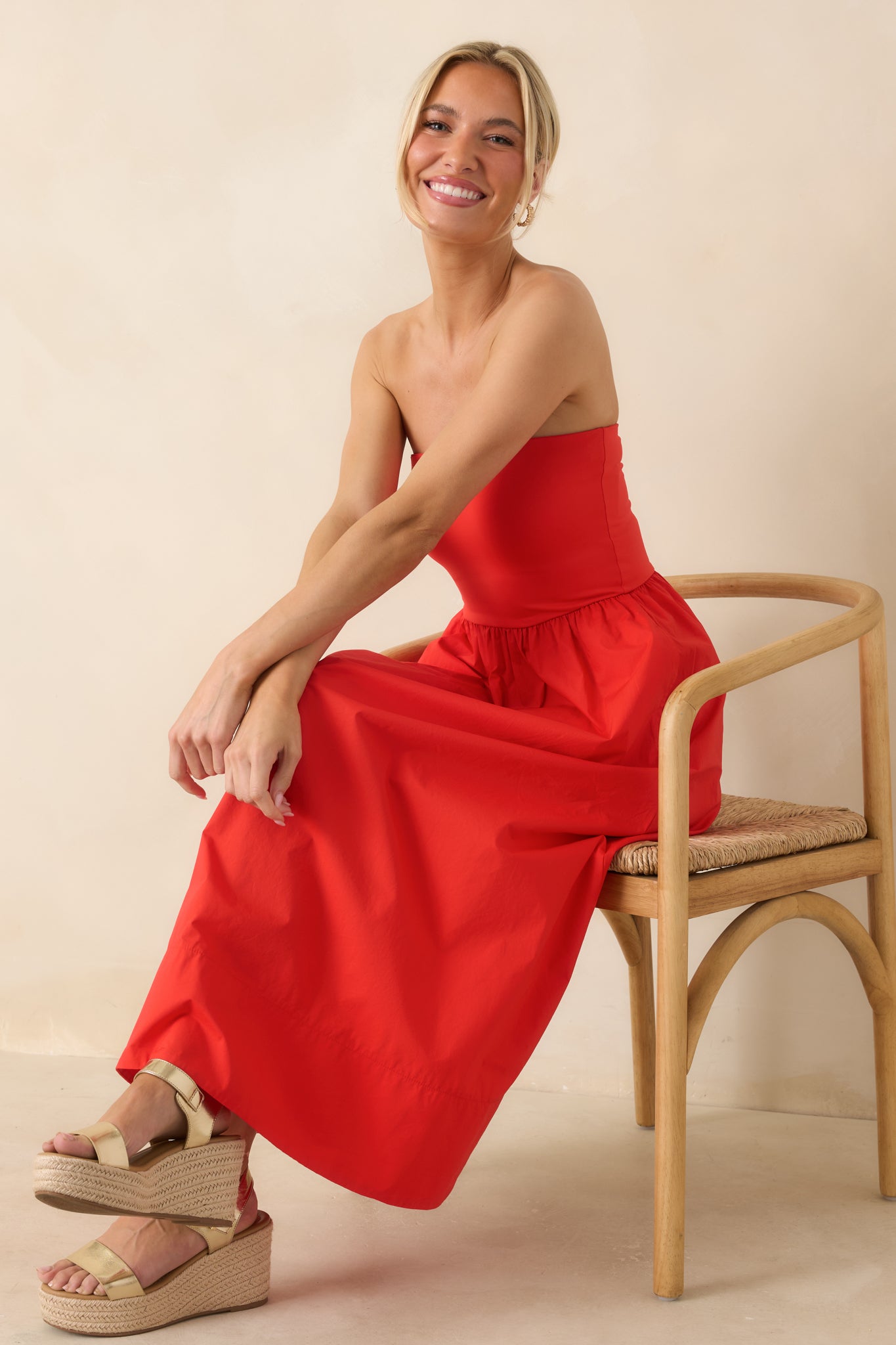 Z Supply Sunsought Poppy Red Strapless Midi Dress