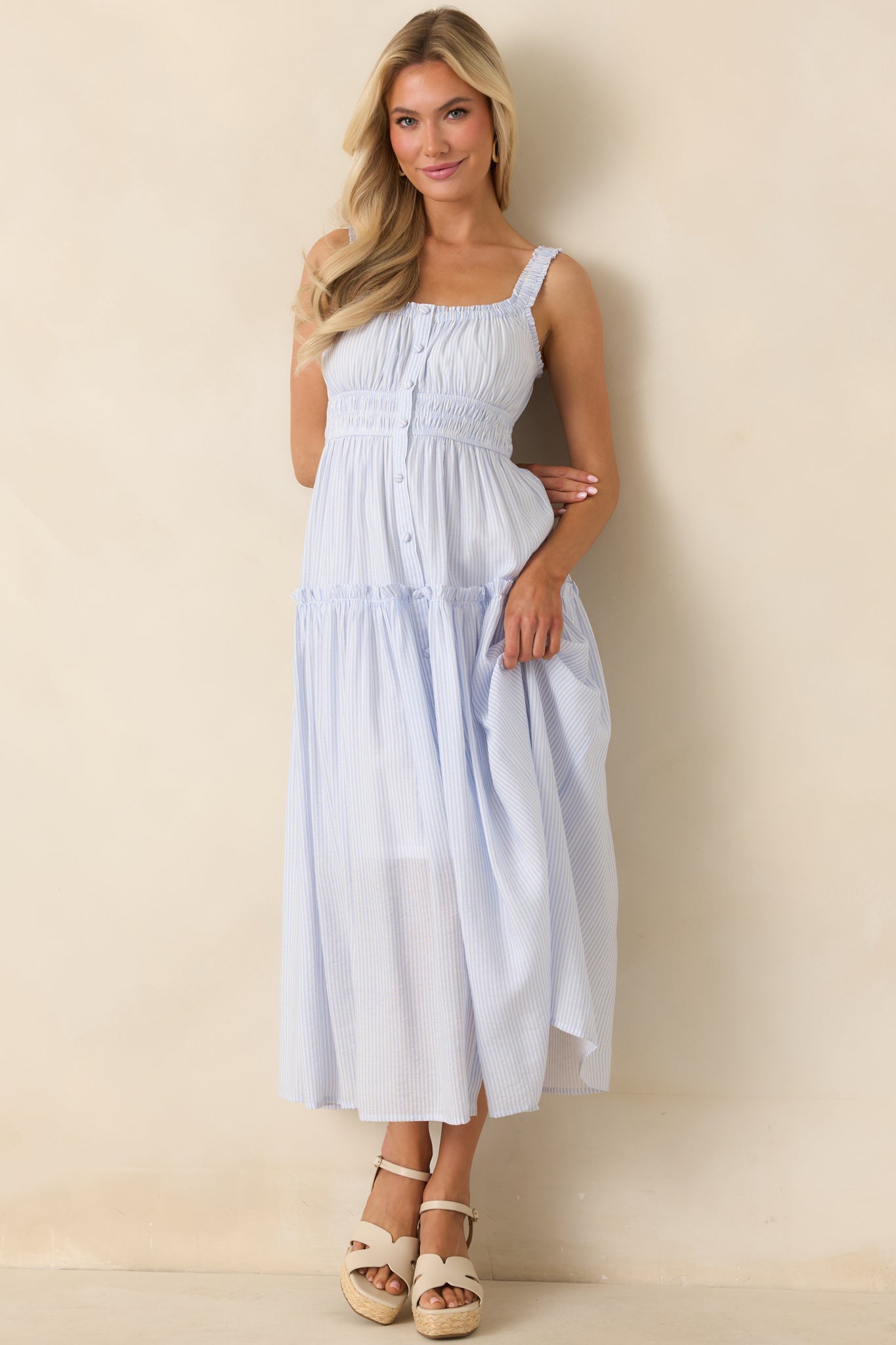 Keep You 'Til the End Light Blue Pinstripe Smocked Waist Midi Dress