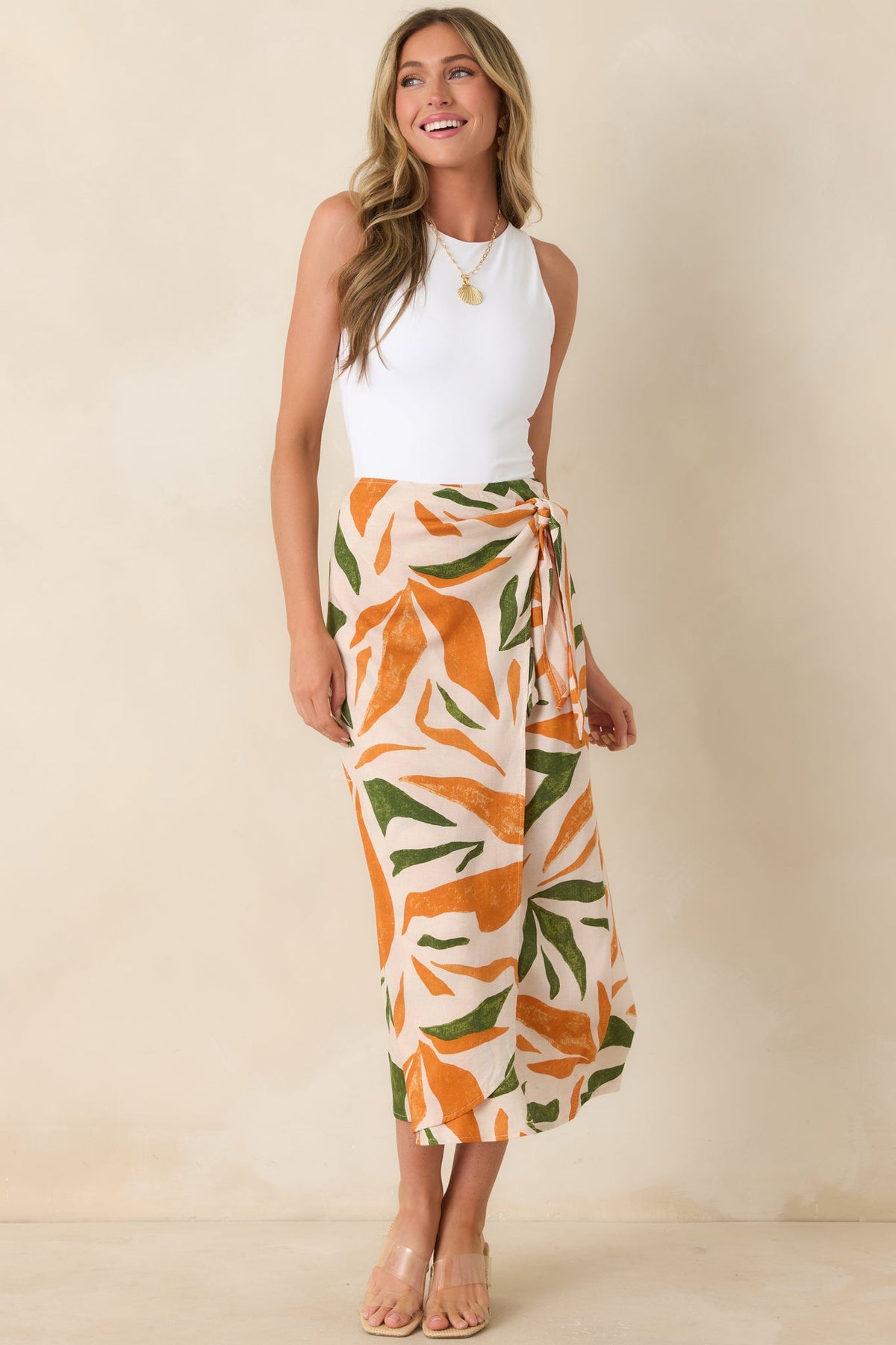 Cabana Chic Beige Tropical Print Midi Wrap Skirt