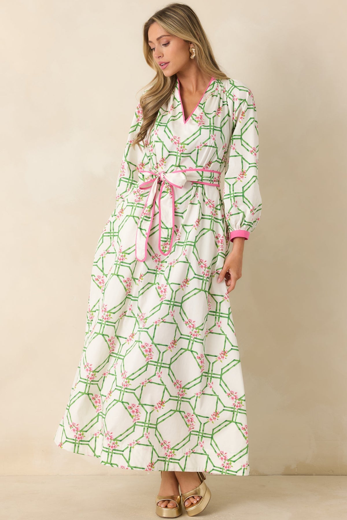 Prosperina Corinne White Multi Floral Trellis Cotton Maxi Dress