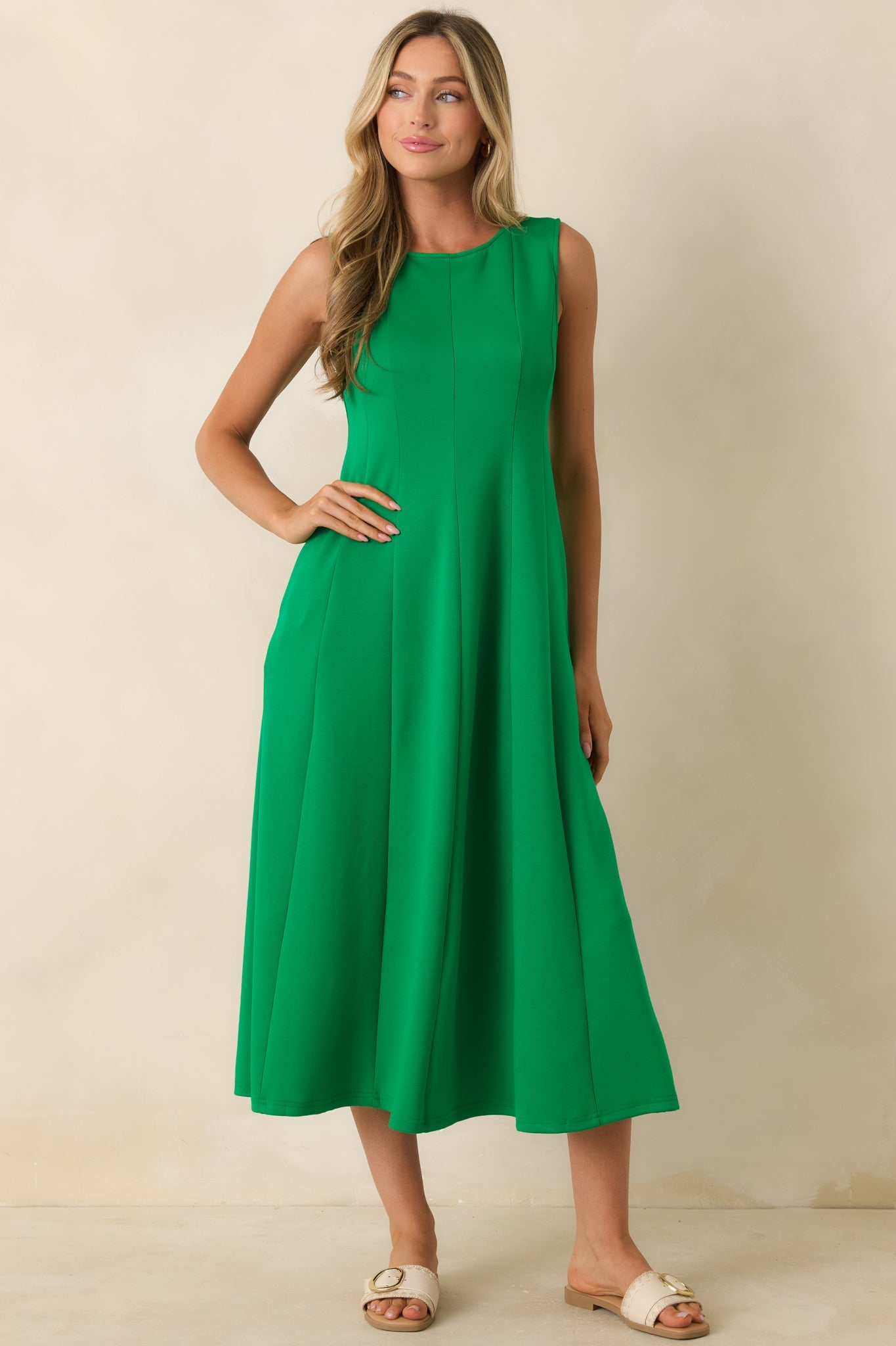 Soft Landing Green Paneled Sleeveless Midi Dress