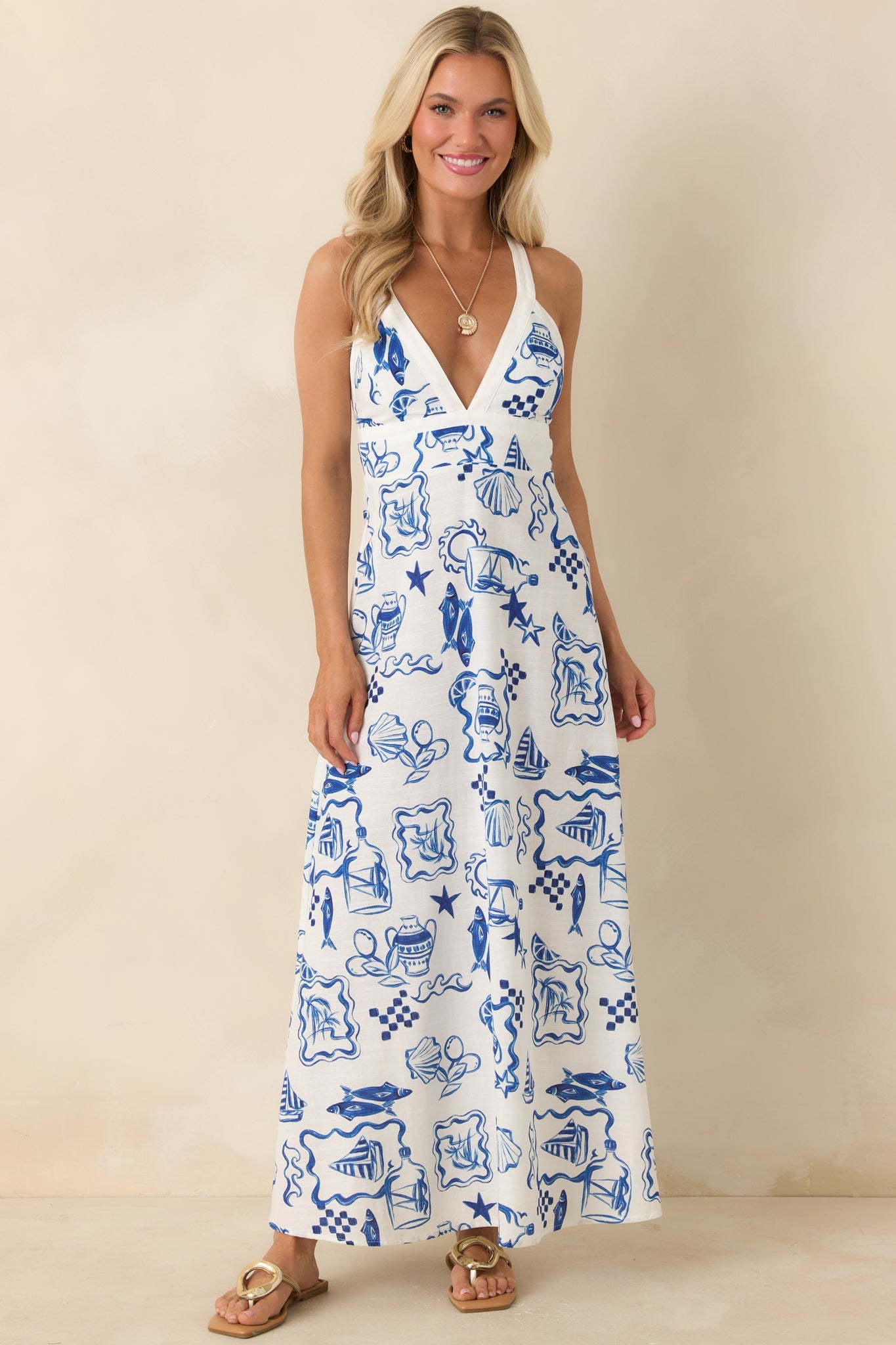 MINKPINK Baci Blue Nautical Print Cotton Blend Halter Midi Dress