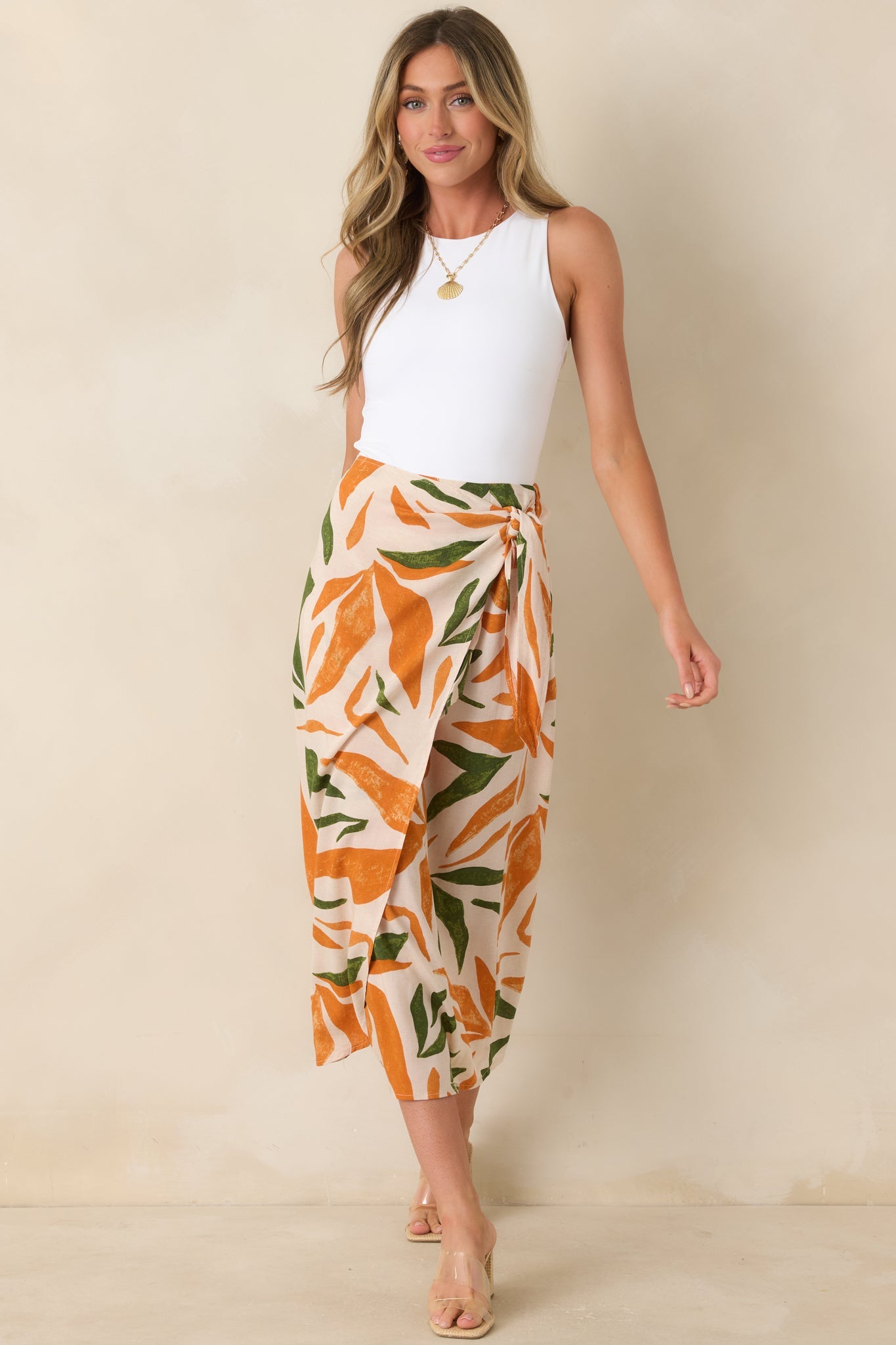 Cabana Chic Beige Tropical Print Midi Wrap Skirt