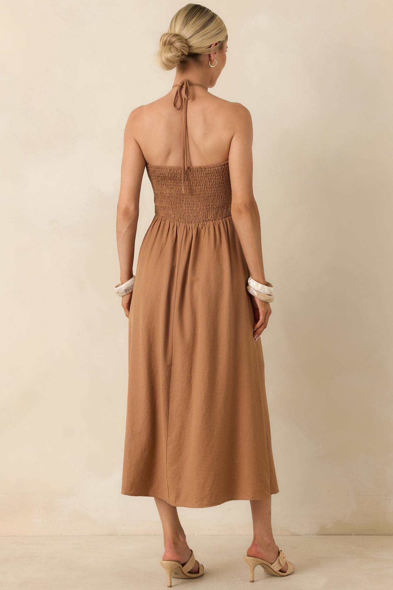 Life is But a Dream Chestnut Brown Beaded Halter Midi Dress