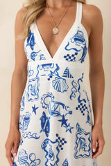 MINKPINK Baci Blue Nautical Print Cotton Blend Halter Midi Dress