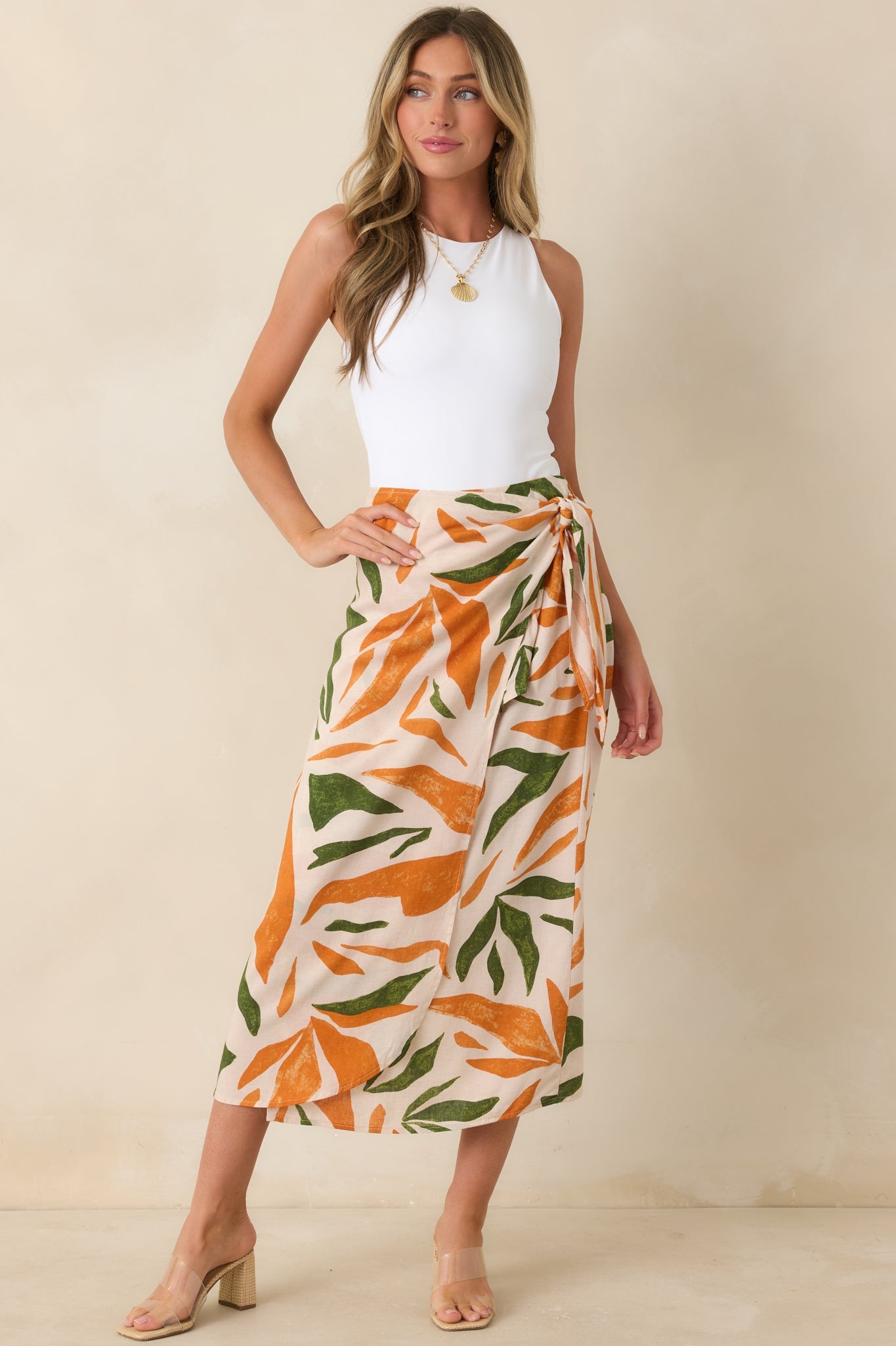 Cabana Chic Beige Tropical Print Midi Wrap Skirt