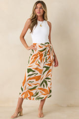 Cabana Chic Beige Tropical Print Midi Wrap Skirt