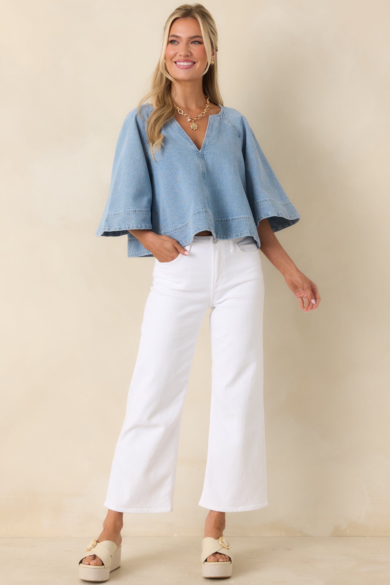 FRNCH Citrine Light Wash Textured Cotton Denim Top