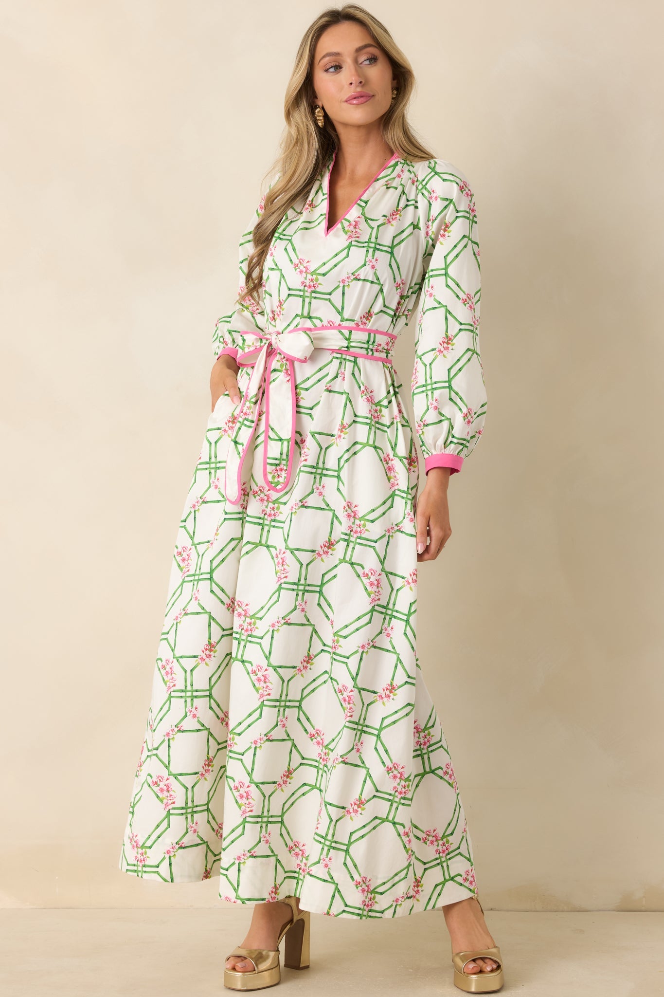 Prosperina Corinne White Multi Floral Trellis Cotton Maxi Dress