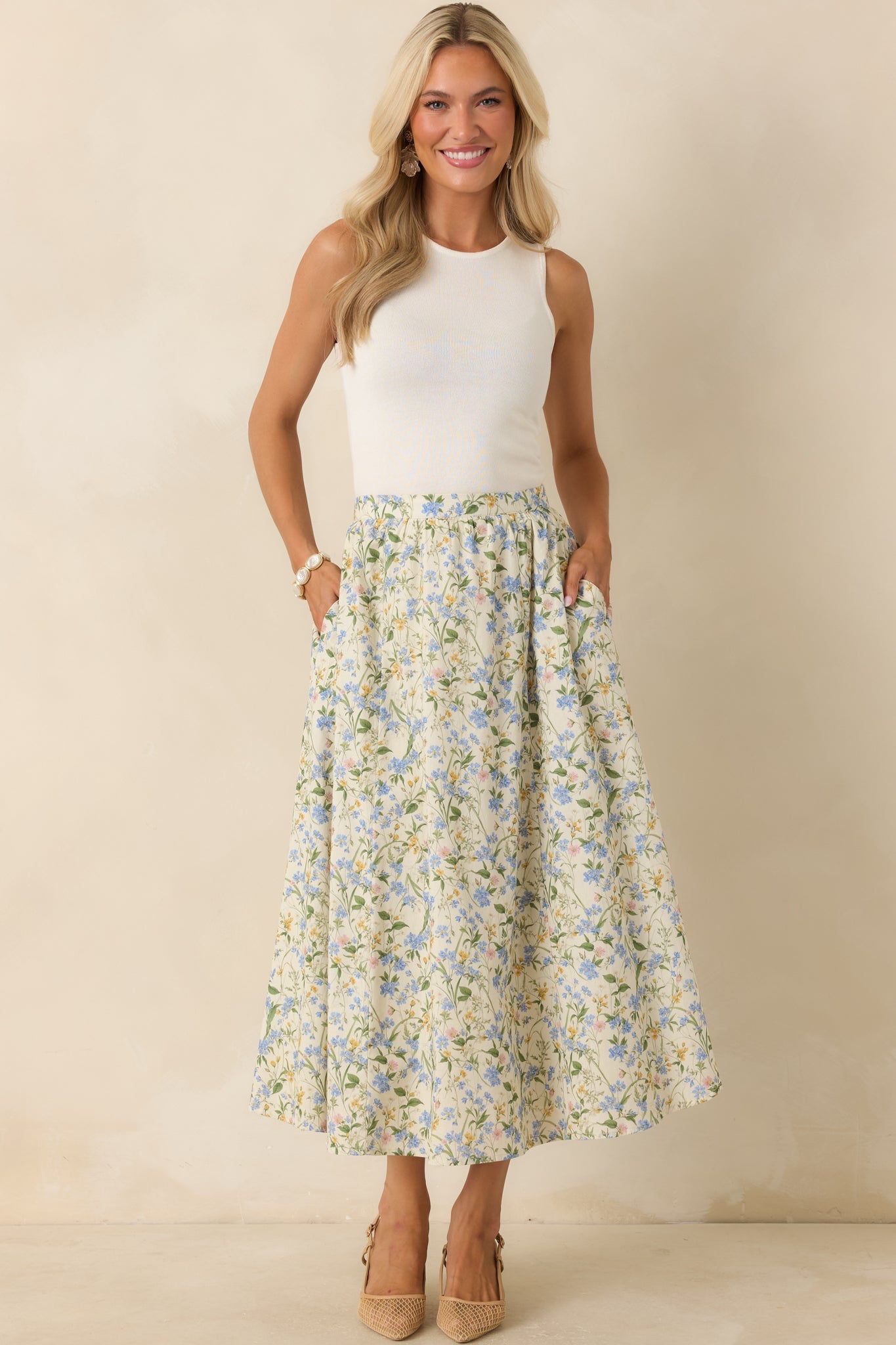 ASTR The Label Wylda Green Multi Cotton Floral Midi Skirt