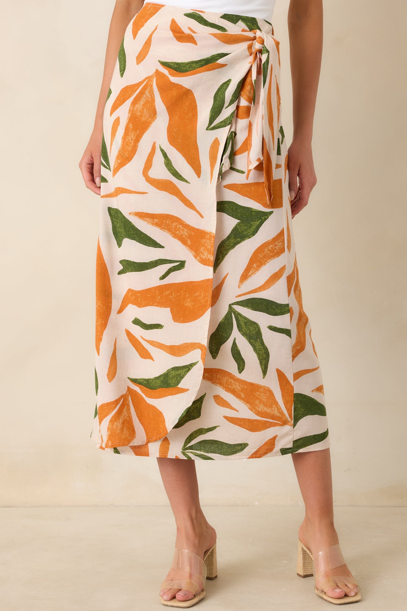 Cabana Chic Beige Tropical Print Midi Wrap Skirt